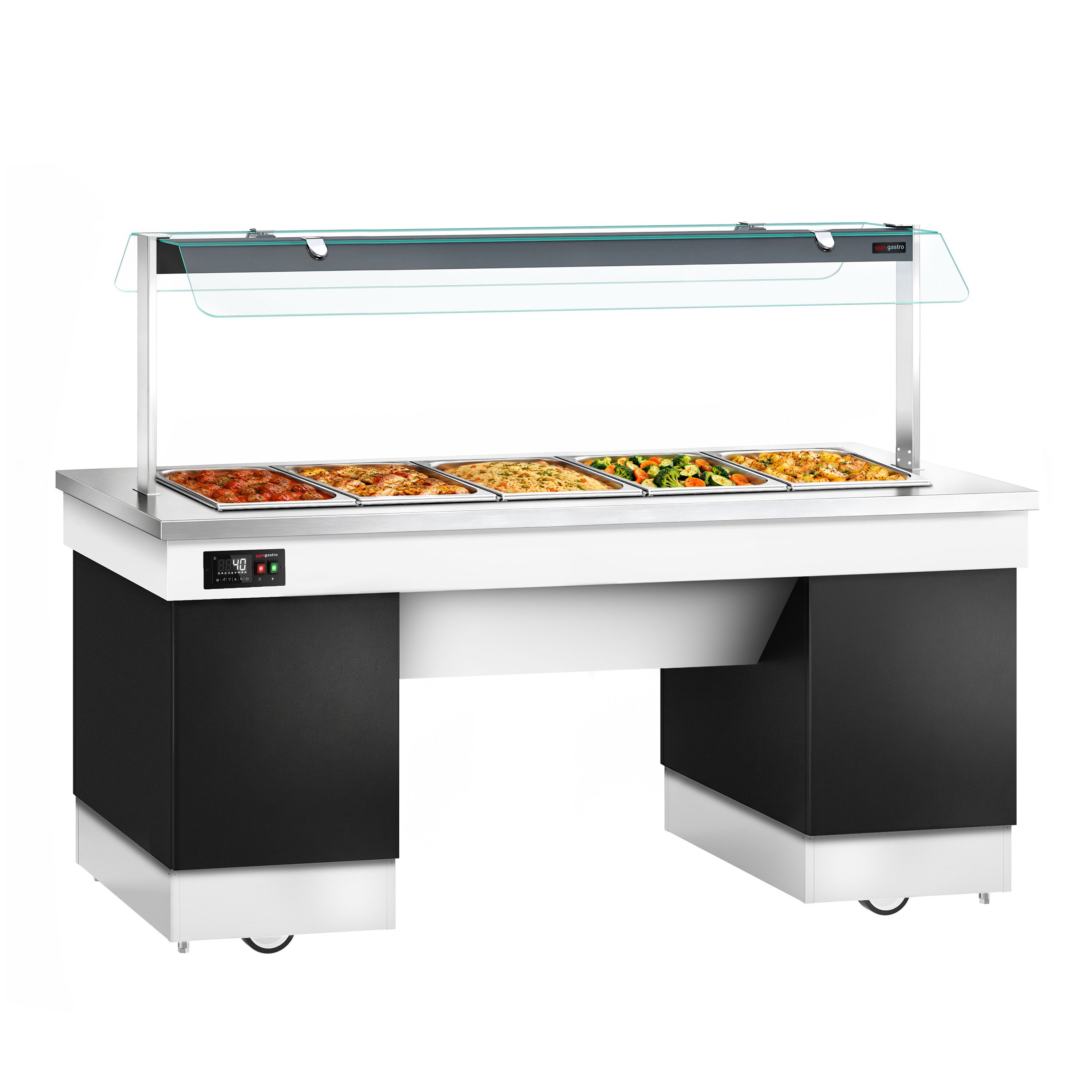 Hot buffet counter – with bain-marie – 2000 mm – for 5x GN 1/1 – incl. castors