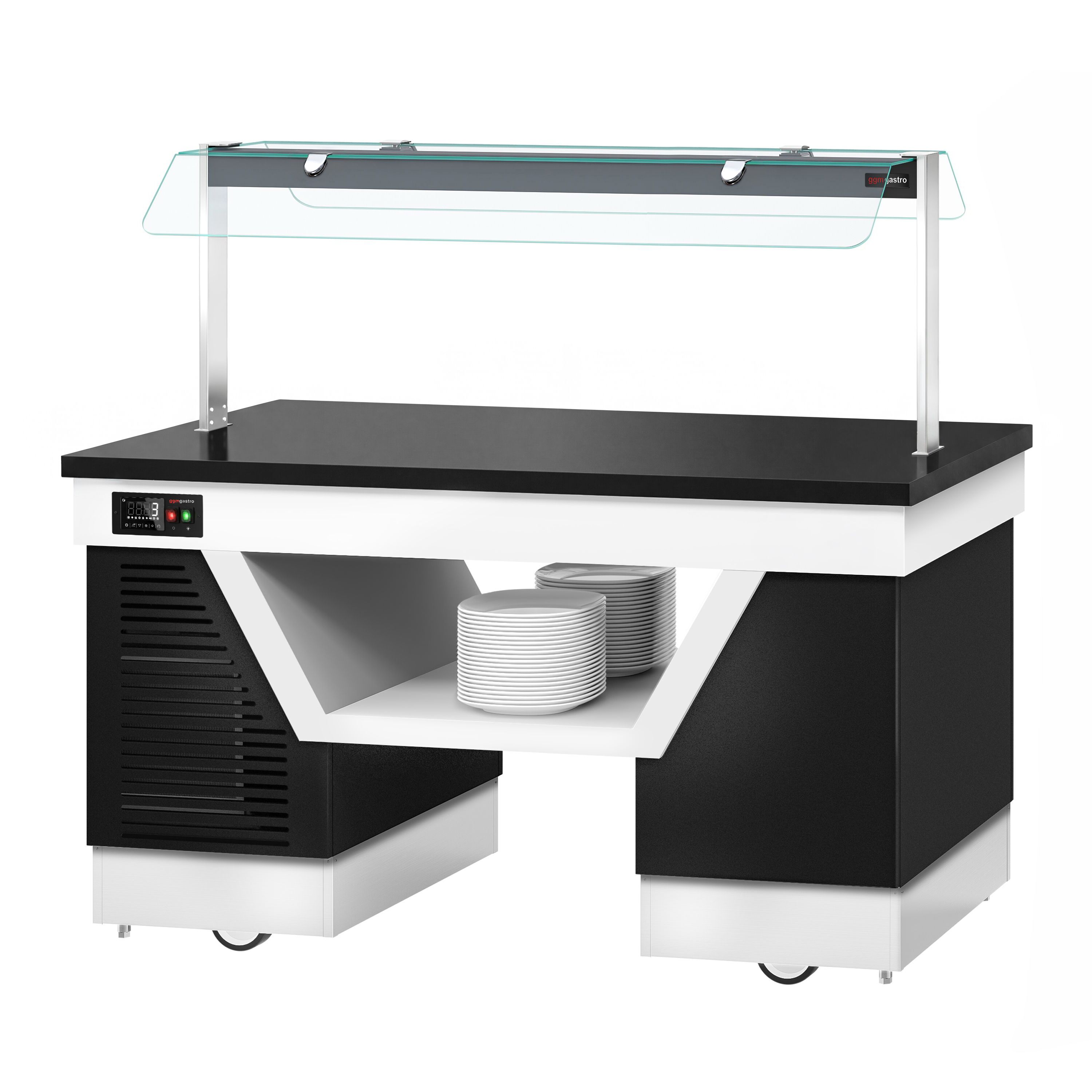 Cold buffet counter – with cooling plate – 1670 mm – for 4x GN 1/1 – incl. plate rack and castors