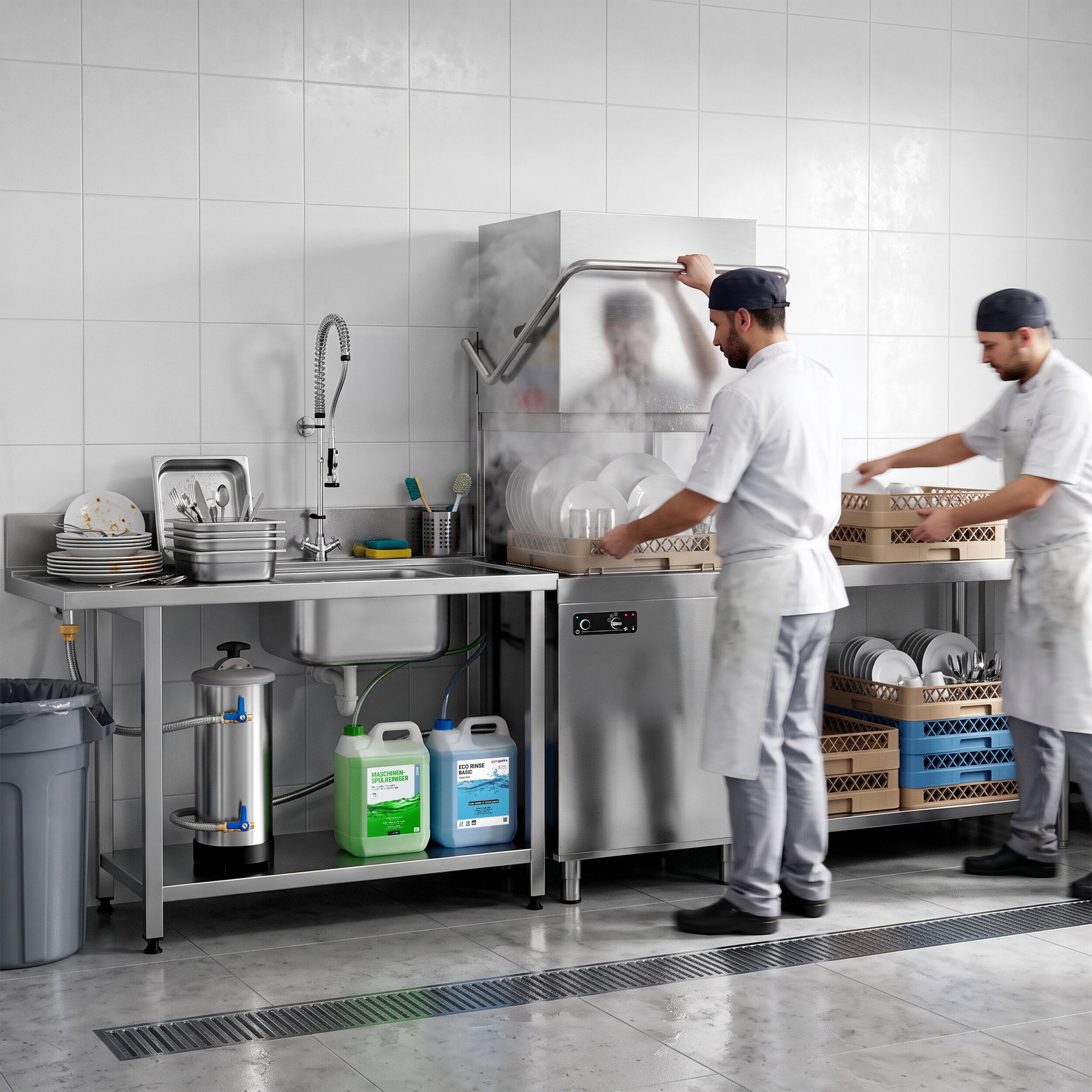 Pass Through Dishwasher - Mechanical Controls - 6.52 kW - incl. inlet table left & outlet table right - with detergent, rinse aid & drain pump