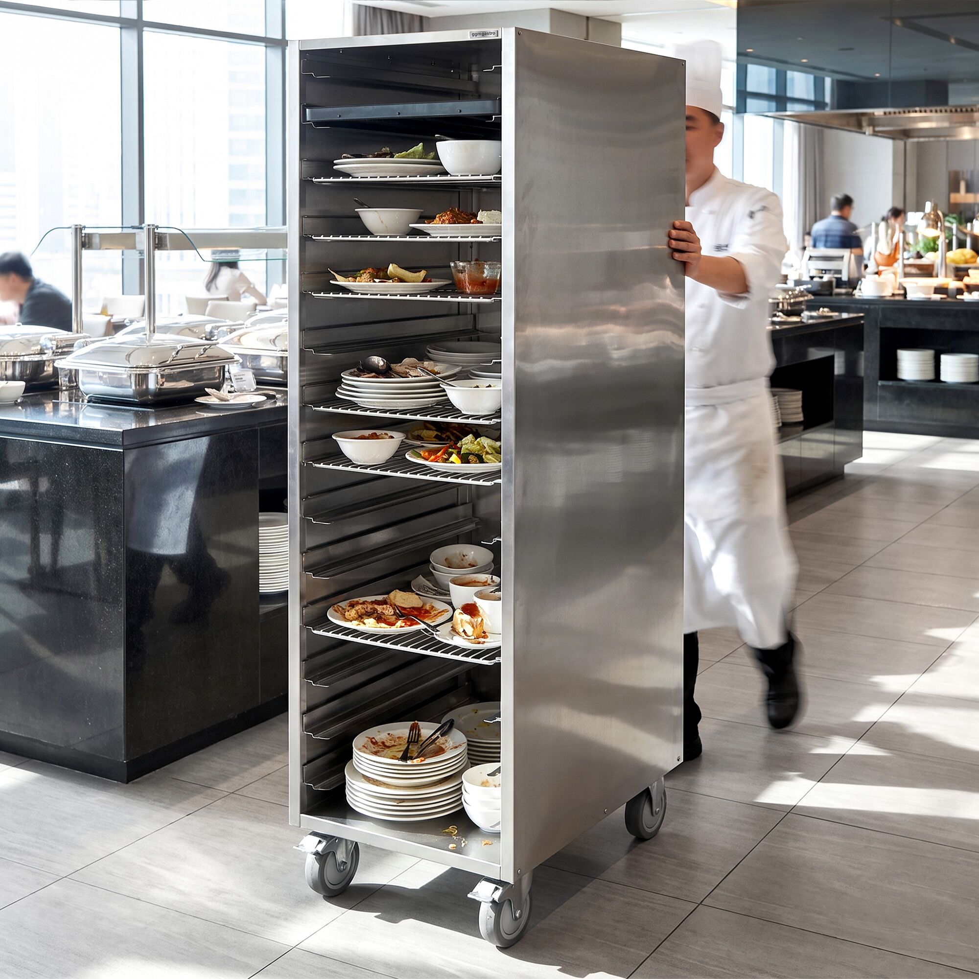Double Pattisserie Tray Trolley - Stainless Steel - 14-Level - for 14 x GN 1/1 Trays - with low-noise braked castors