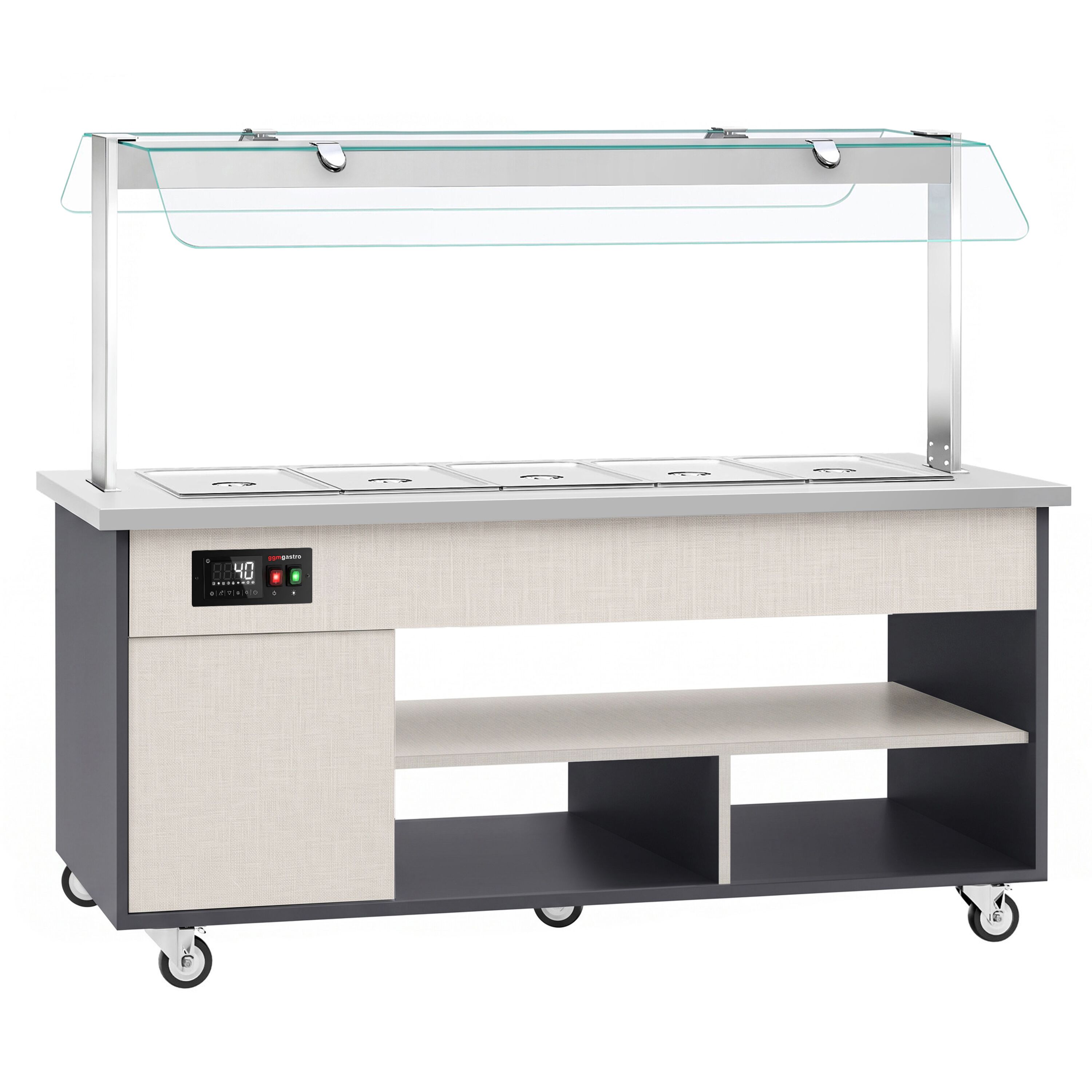 Carrello buffet caldo PARIS - 2000 mm - per 5x GN 1/1 - con bagnomaria, ripiano portapiatti e ruote