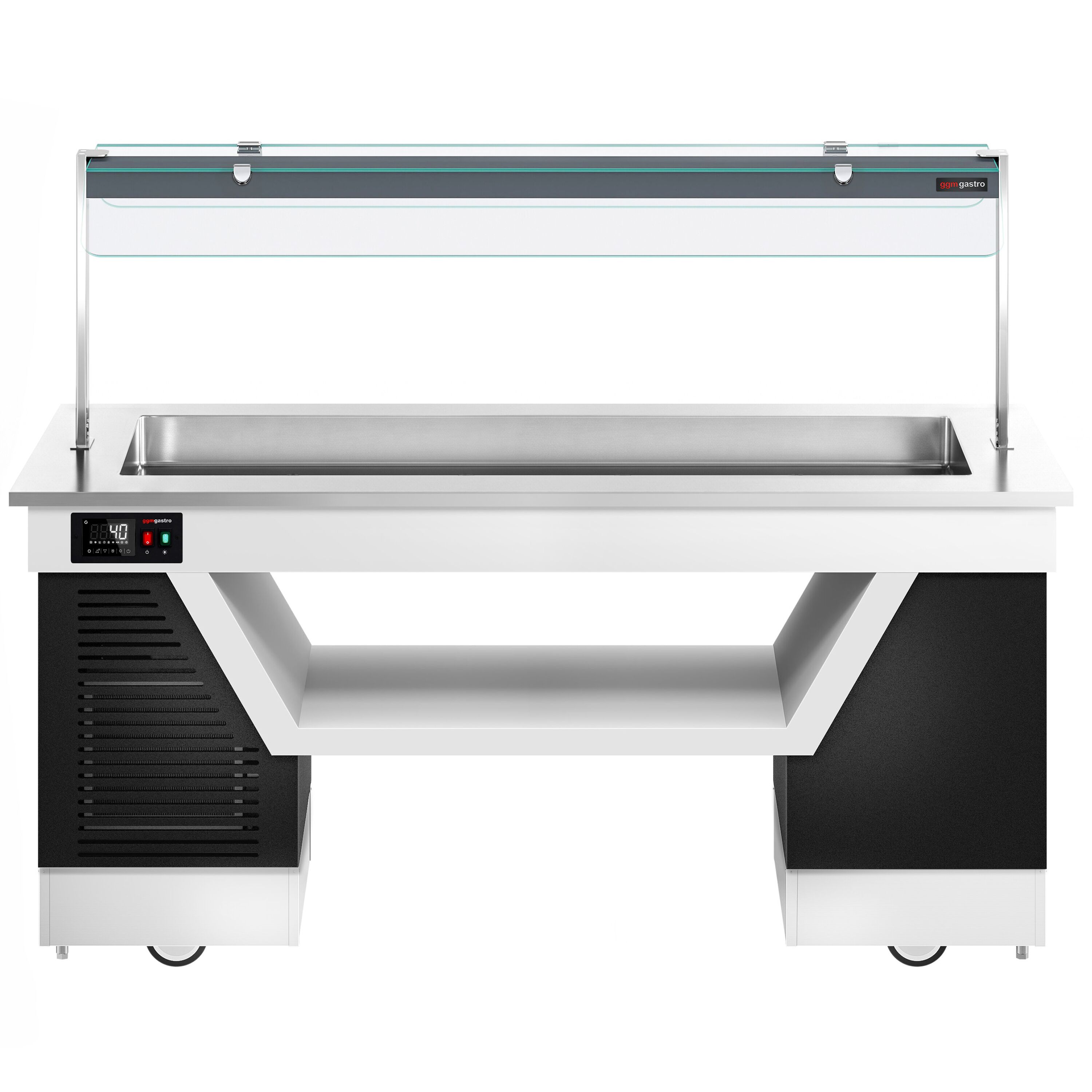 Hot buffet counter – with bain-marie – 2000 mm – for 5x GN 1/1 – incl. plate rack and castors