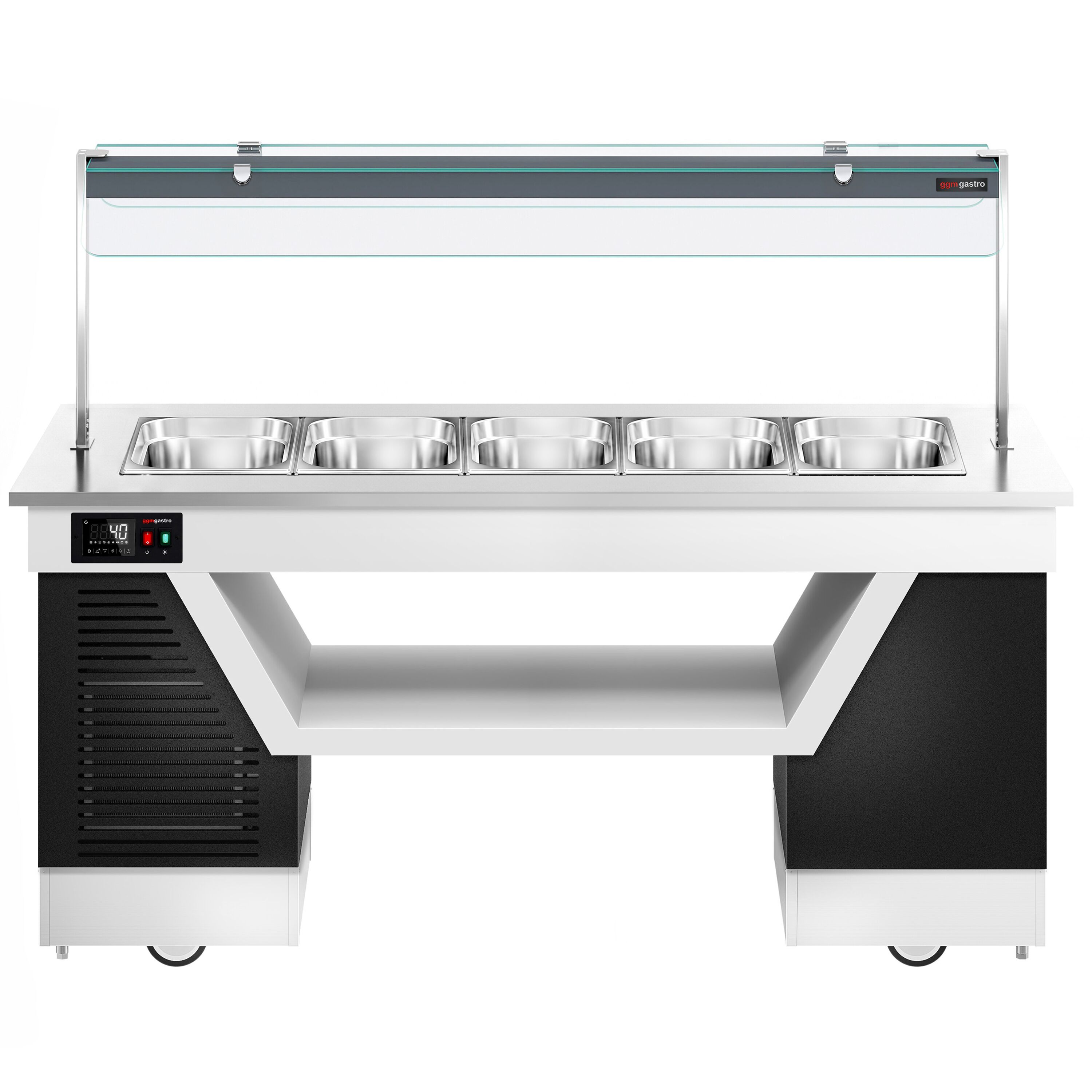 Hot buffet counter – with bain-marie – 2000 mm – for 5x GN 1/1 – incl. plate rack and castors