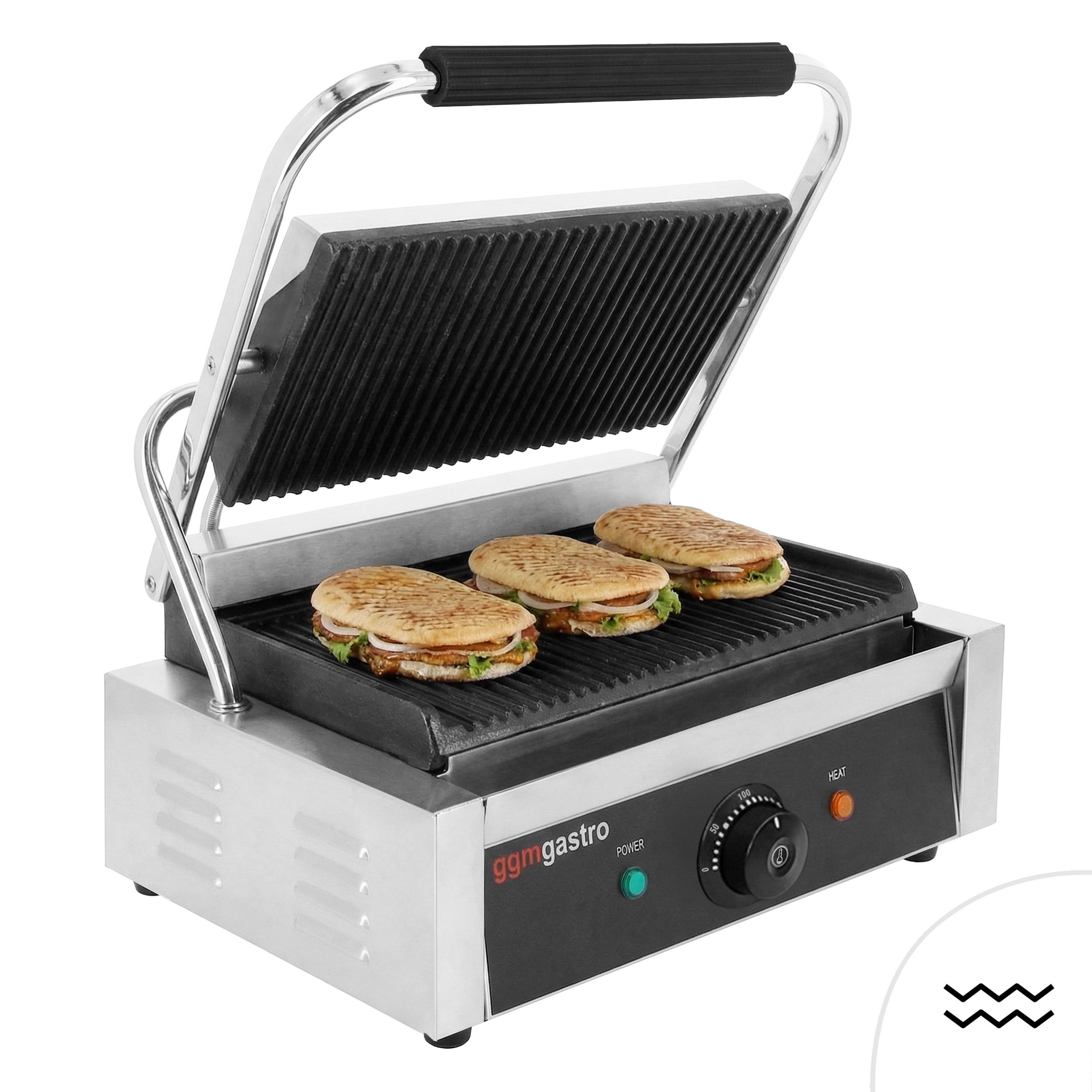 Commercial Contact Grill - Heavy Duty Panini Press - 3kW - plates: ribbed top & bottom - grill area: 340x230mm