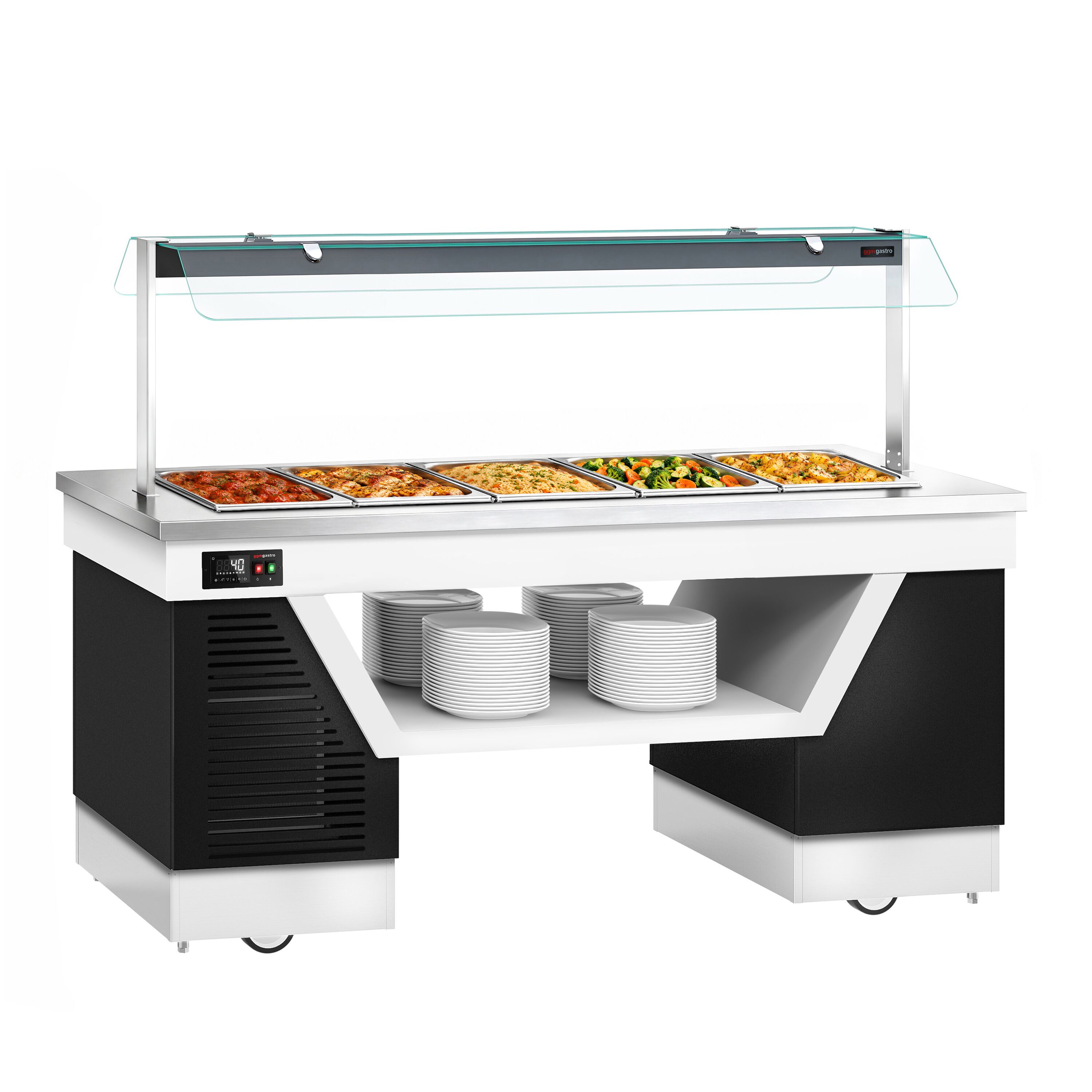 Hot buffet counter – with bain-marie – 2000 mm – for 5x GN 1/1 – incl. plate rack and castors