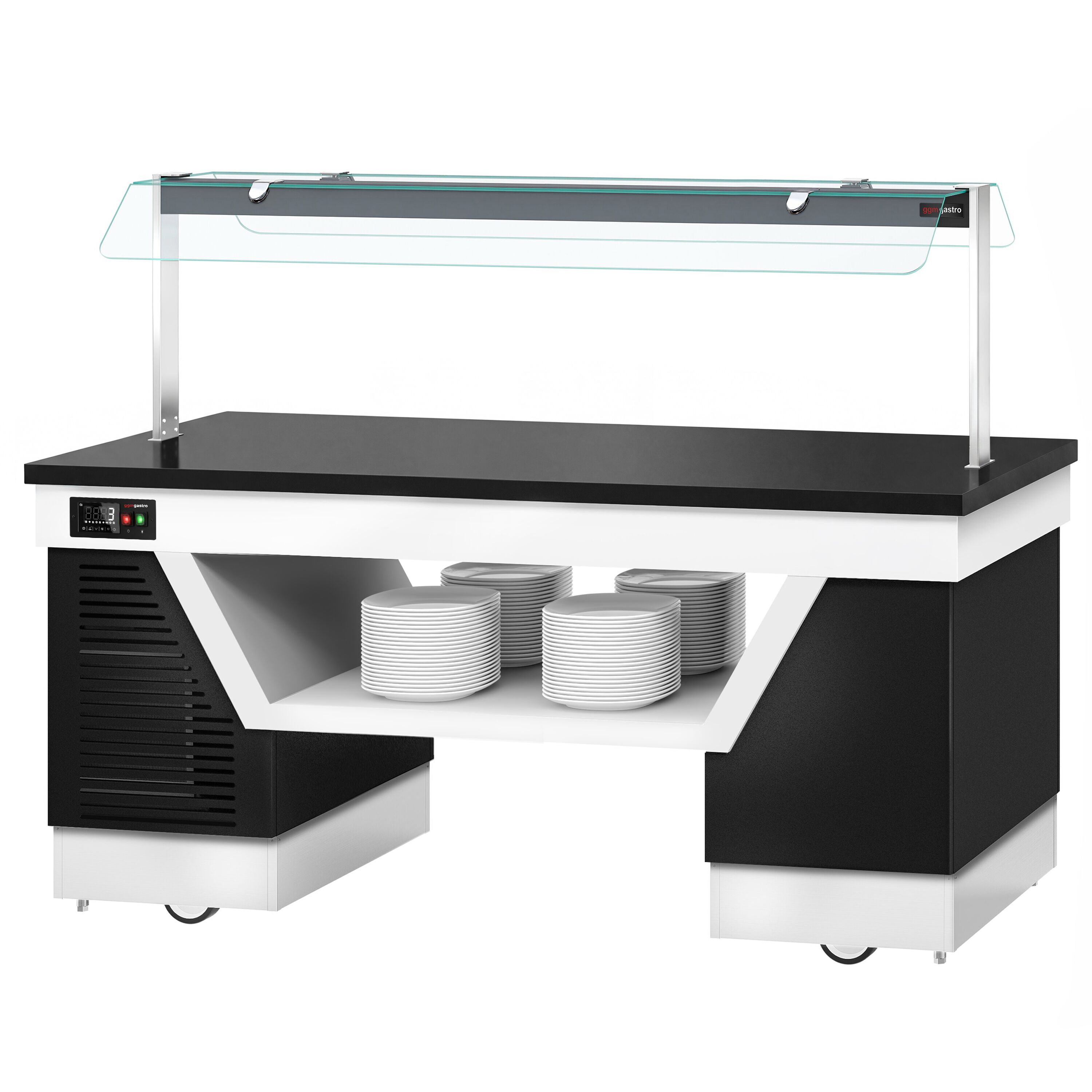 Cold buffet counter – with cooling plate – 2000 mm – for 5x GN 1/1 – incl. plate rack and castors