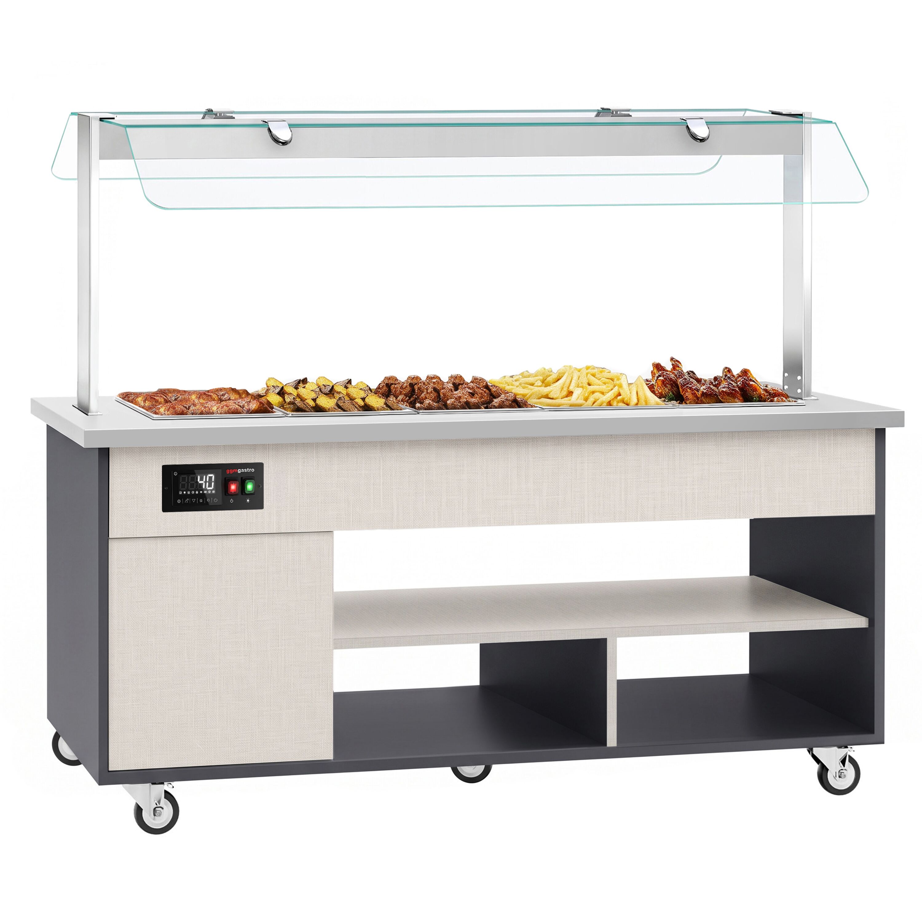 Hot buffet trolley – with bain-marie – 2000 mm – for 5x GN 1/1 – incl. plate rack and castors