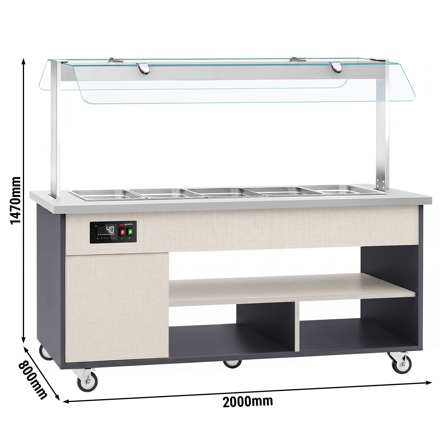 Carrello buffet caldo PARIS - 2000 mm - per 5x GN 1/1 - con bagnomaria, ripiano portapiatti e ruote