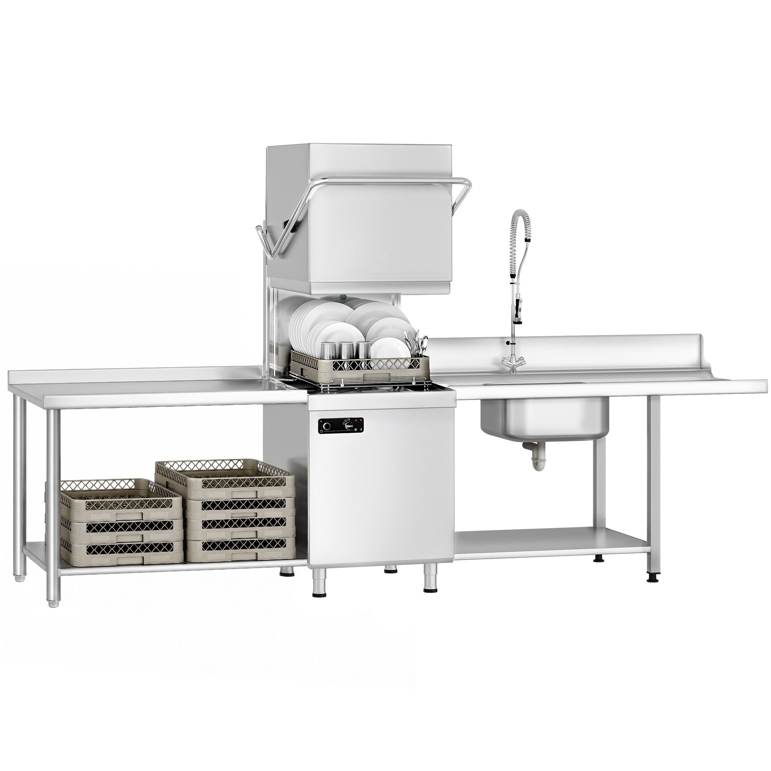 Pass Through Dishwasher - Mechanical Controls - 6.52 kW - incl. inlet & outlet table left - with detergent, rinse aid & drain pump
