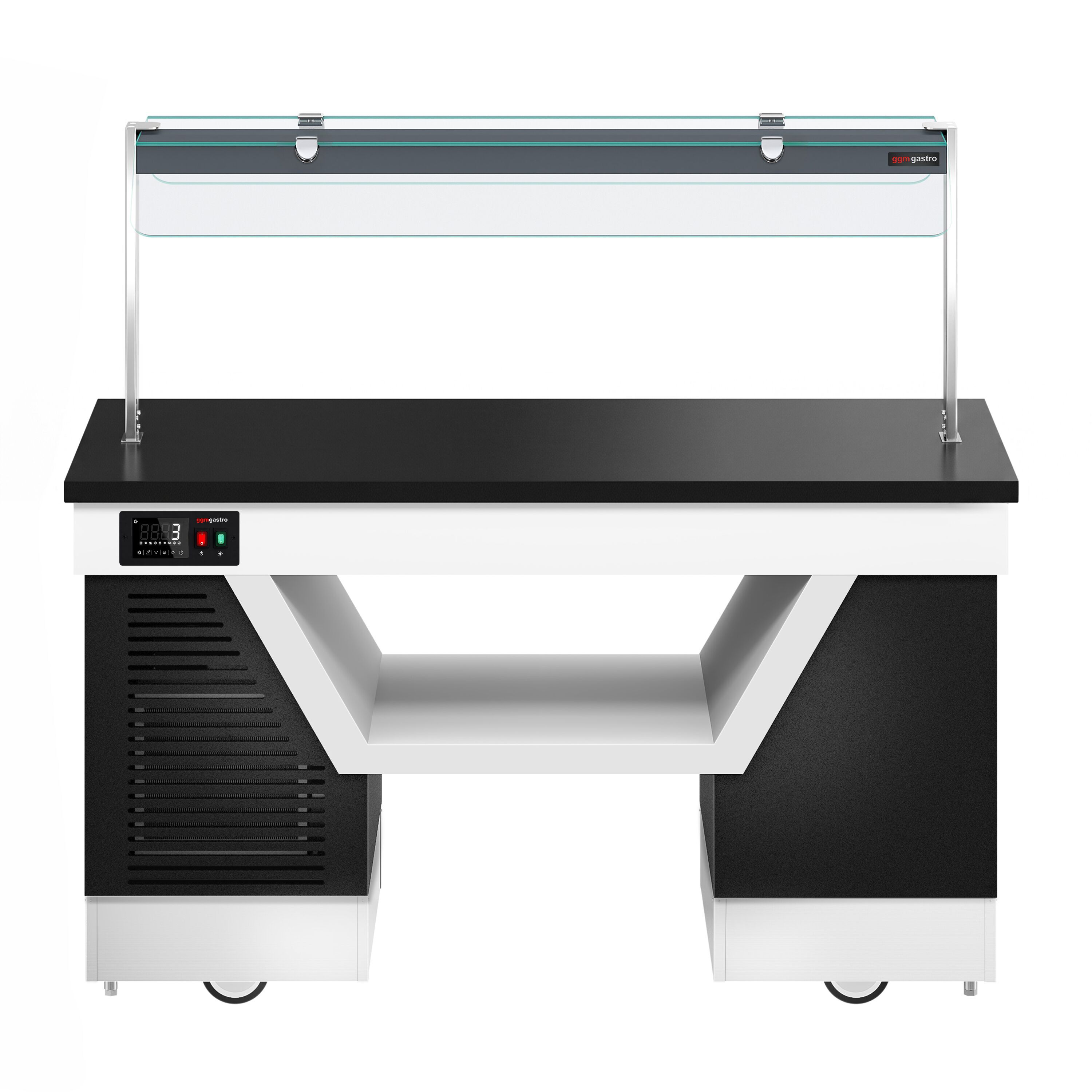 Cold buffet counter – with cooling plate – 1670 mm – for 4x GN 1/1 – incl. plate rack and castors