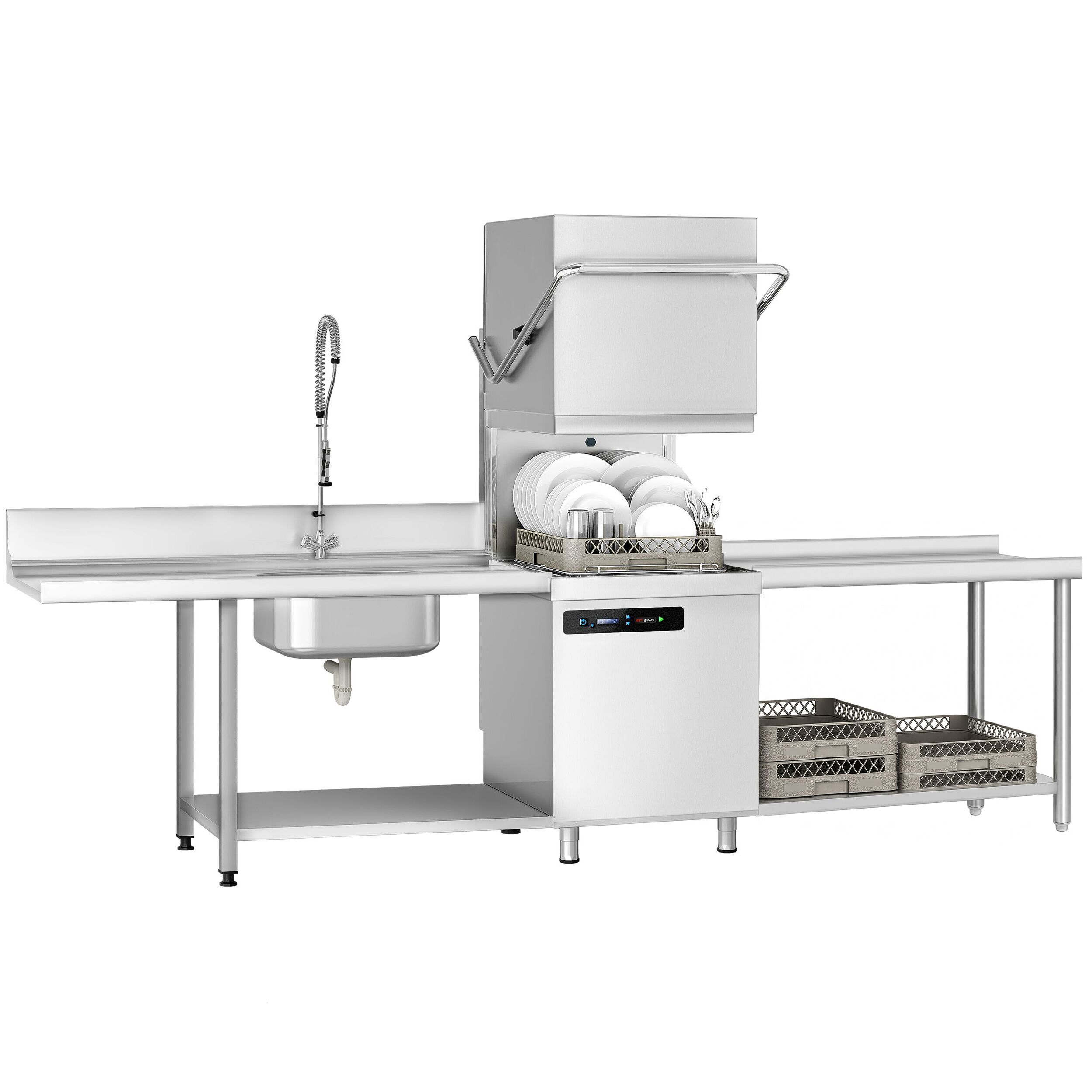 Pass Through Dishwasher - Digital Controls - 7.1kW - incl. Inlet Table right, Outlet Table right - with Integral Water Softener - with Detergent & Rinse Aid Dosing Pumps