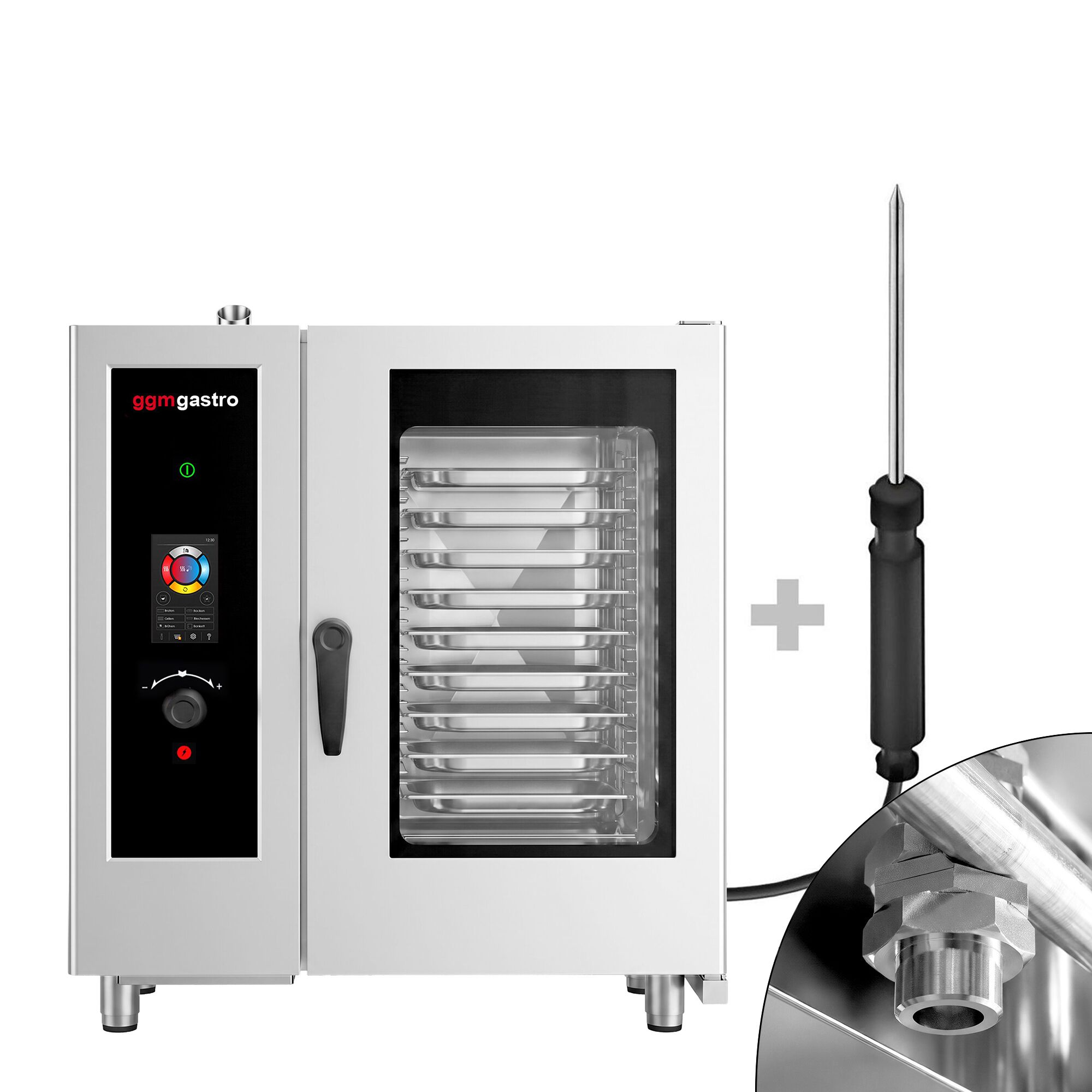 Commercial Electric Combi Oven - Touchscreen Controls - 10x GN 1/1 - incl. Automatic washing system, Core temperature probe, Boiler-based steam generator & Rack trolley