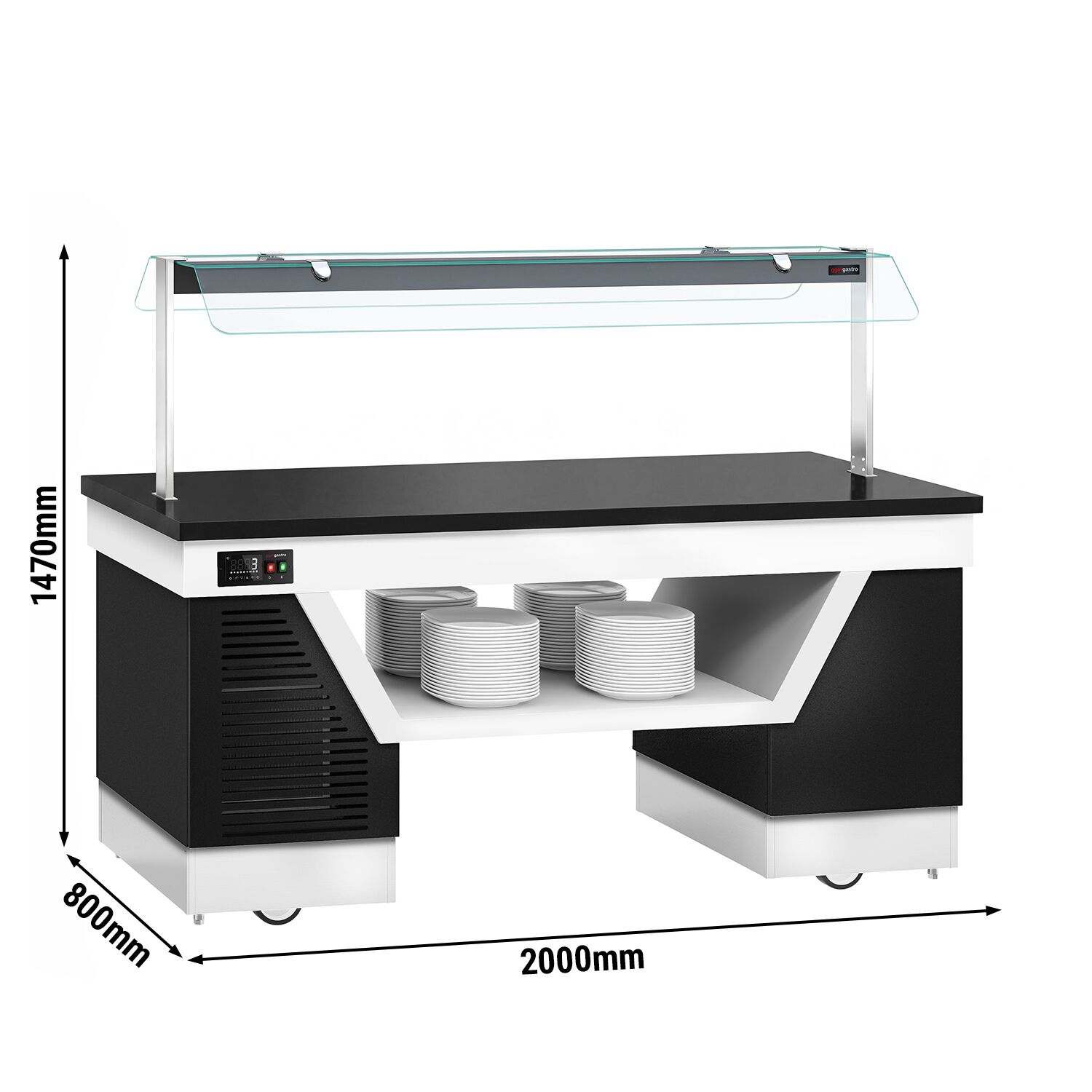 Cold buffet counter – with cooling plate – 2000 mm – for 5x GN 1/1 – incl. plate rack and castors
