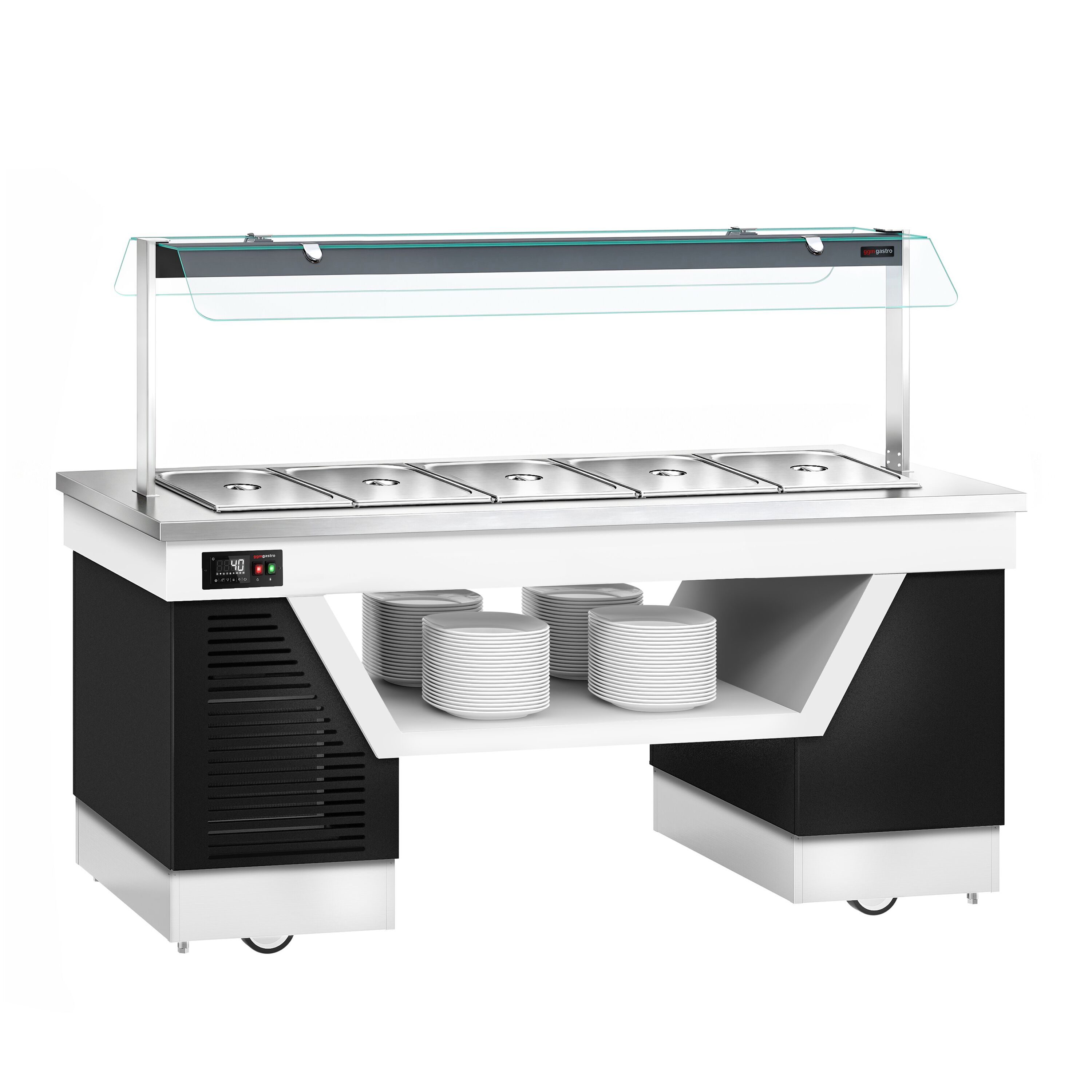 Hot buffet counter – with bain-marie – 2000 mm – for 5x GN 1/1 – incl. plate rack and castors