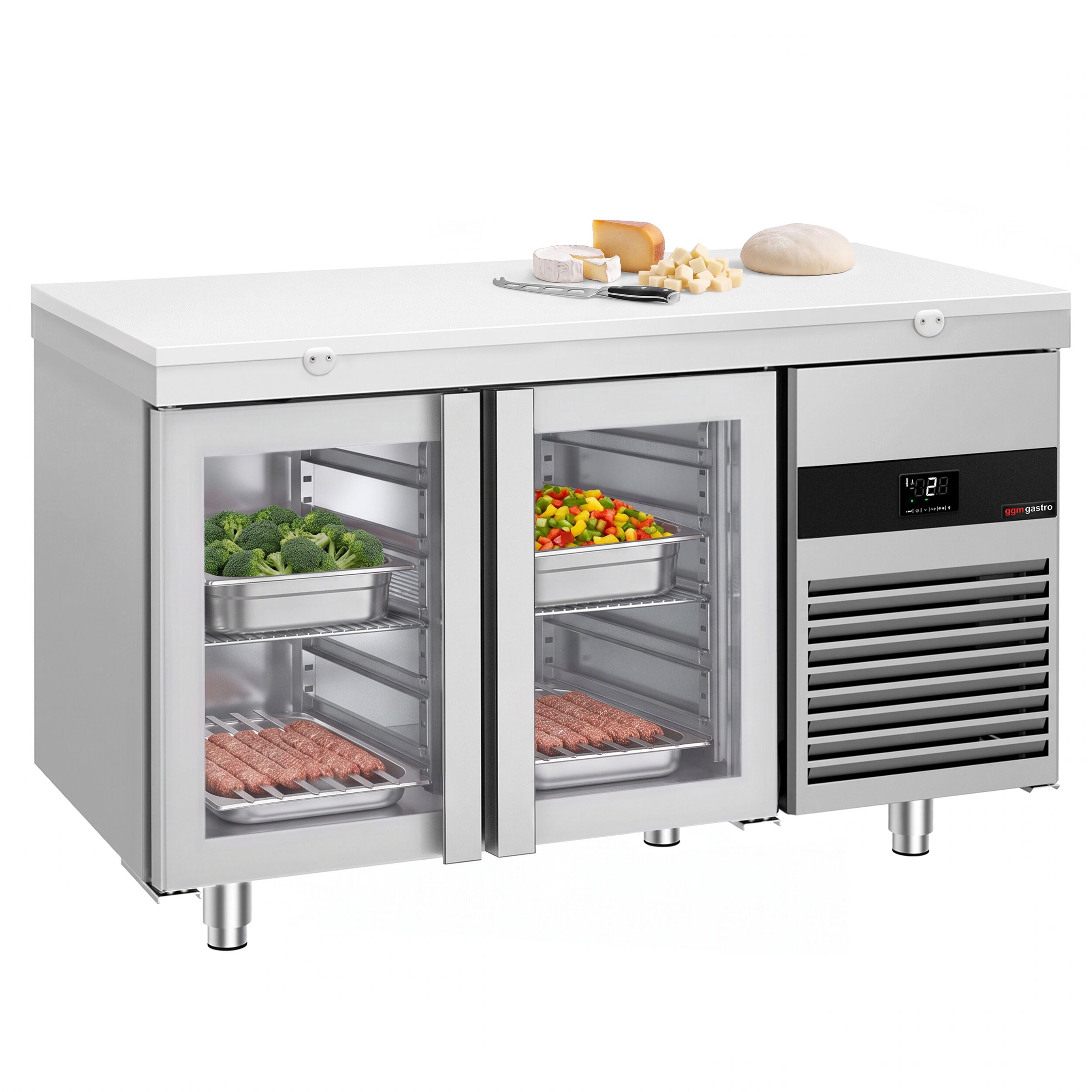 Kühltisch PREMIUM - 1400x700mm - mit 2 Glastüren - inkl. Schneideplatte Weiß