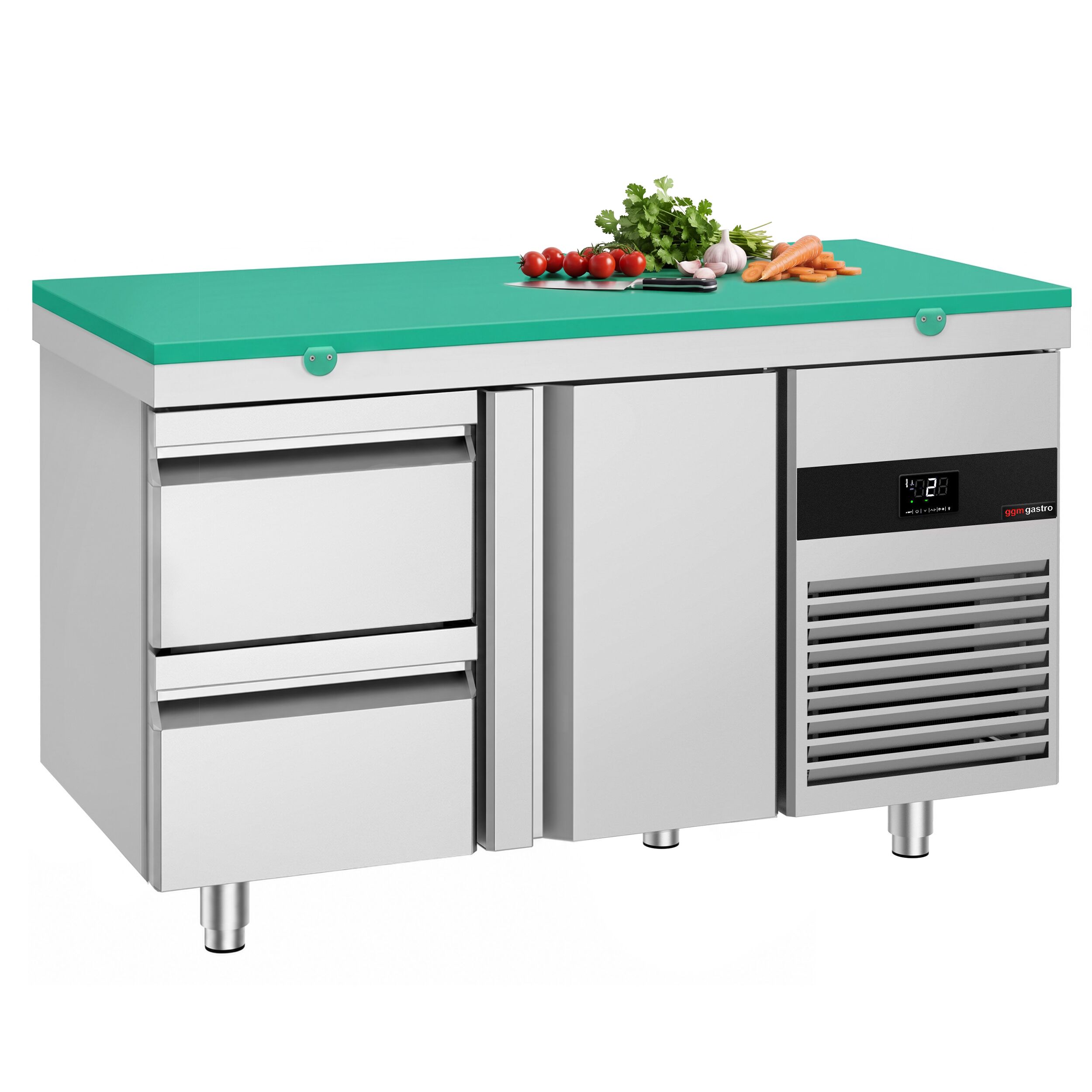 Kühltisch PREMIUM - 1400x700mm - mit 1 Tür - 2 Schubladen - inkl. Schneideplatte Grün