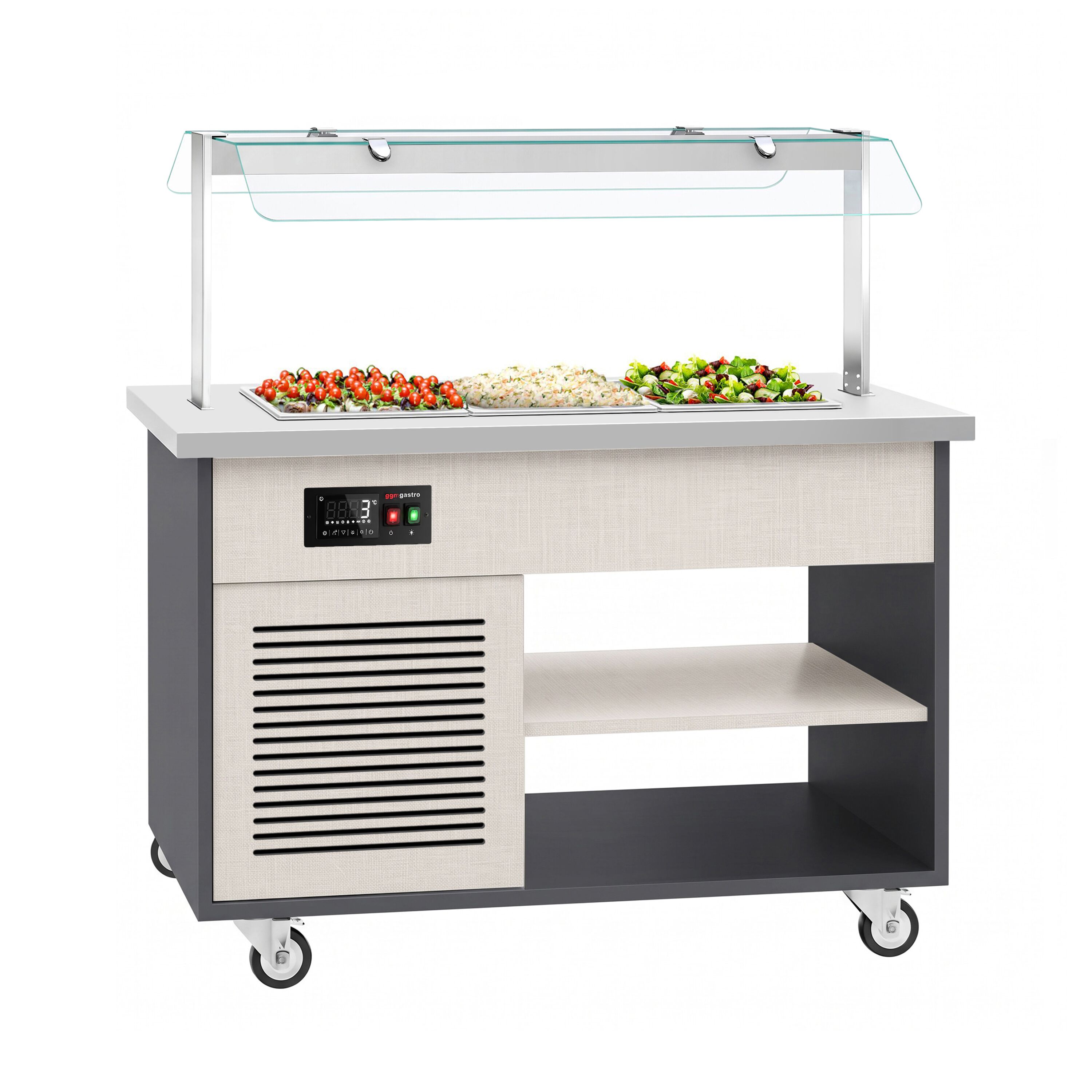 Cold buffet trolley - with cooling tray - 1340mm - for 3x GN 1/1 - incl. plate rack and castors