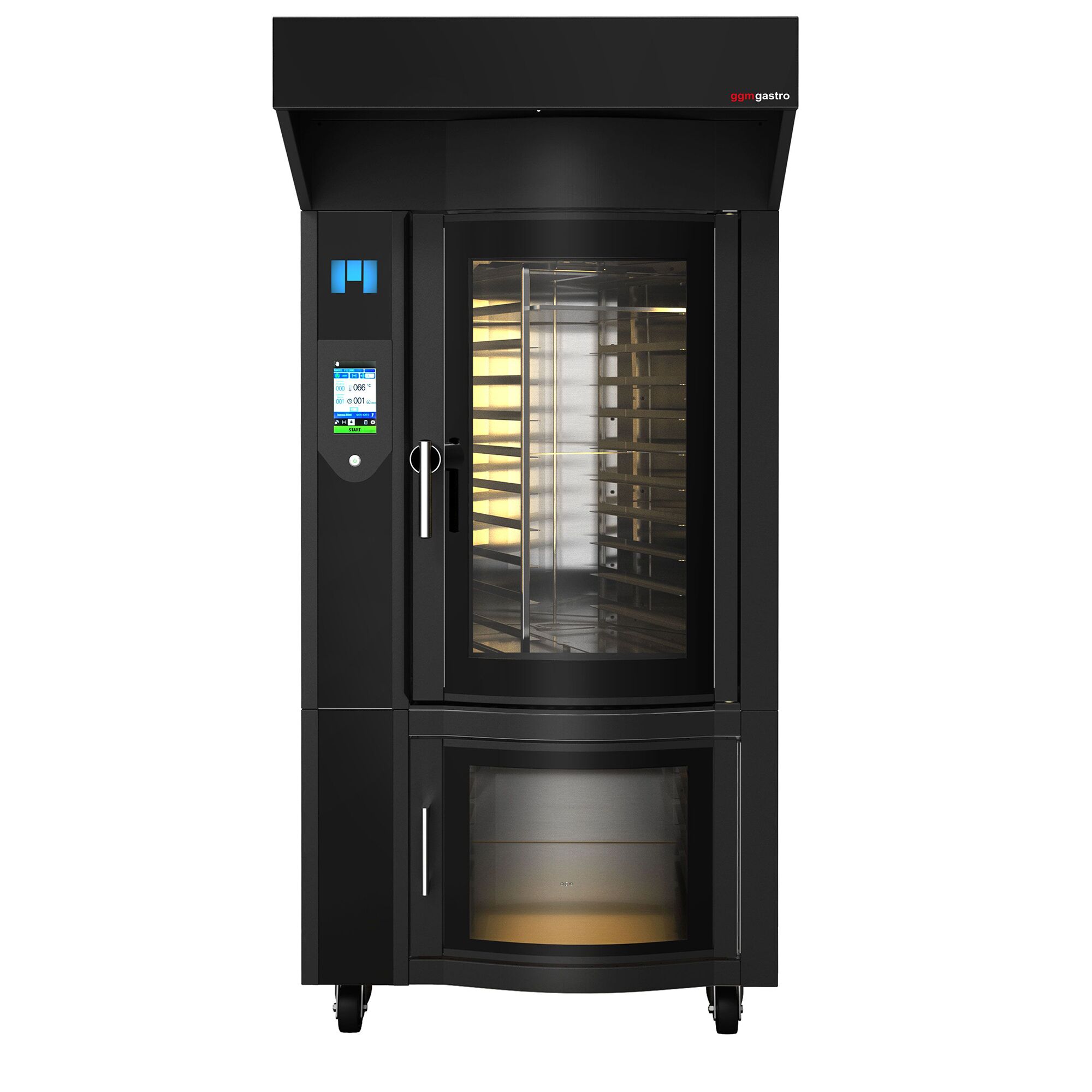 Rotary Commercial Bakery Convection Oven with Steam Injection - Touchscreen Controls - 1 Baking Chambers - 10x 600x400mm (EN 60x40) - Black - with Hood & with Prover Cabinet