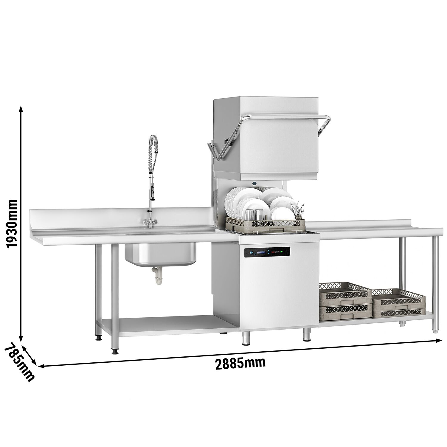 Pass Through Dishwasher - Digital Controls - 7.1kW - incl. Inlet Table right, Outlet Table right - with Integral Water Softener - with Detergent & Rinse Aid Dosing Pumps