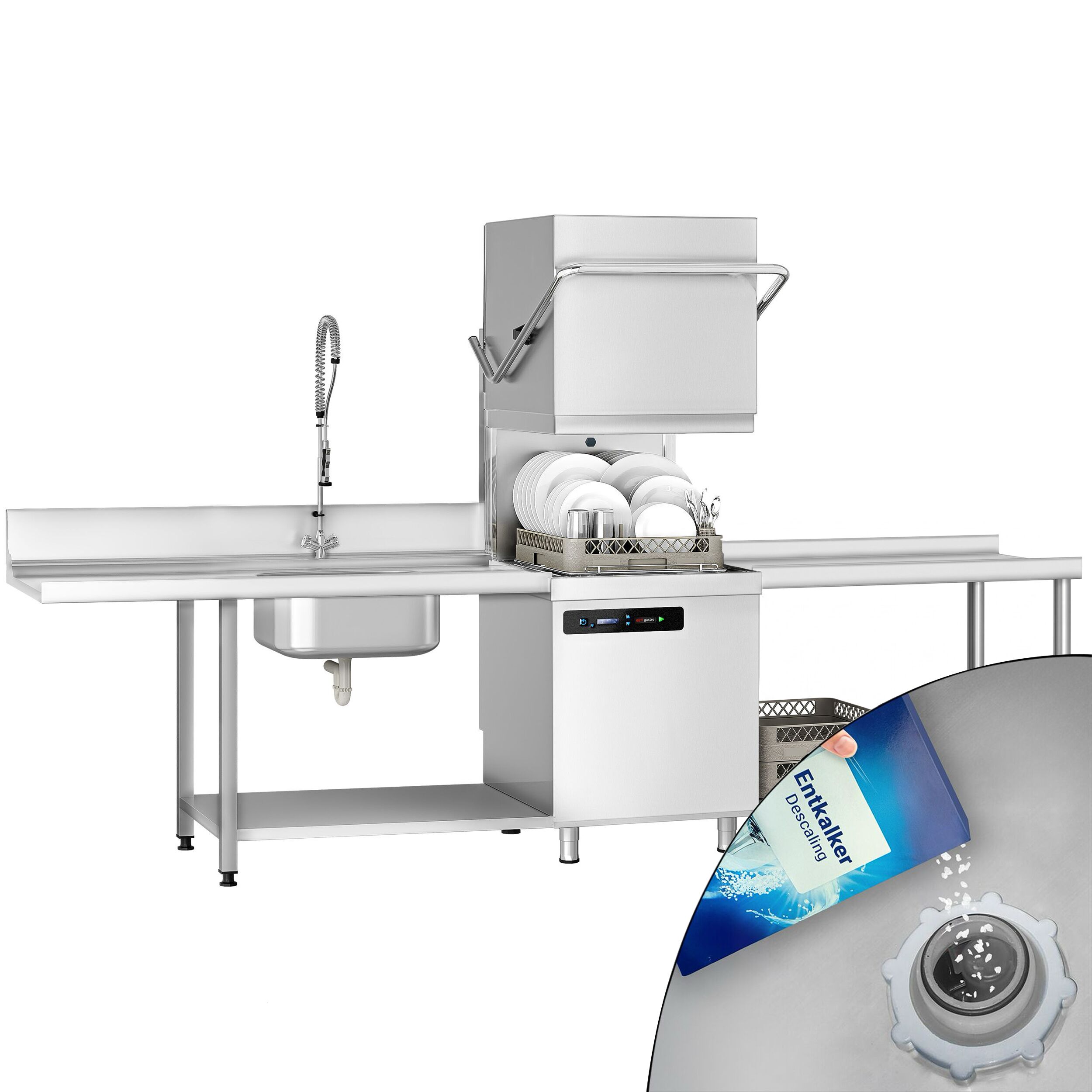Pass Through Dishwasher - Digital Controls - 7.1kW - incl. Inlet Table right, Outlet Table right - with Integral Water Softener - with Detergent & Rinse Aid Dosing Pumps