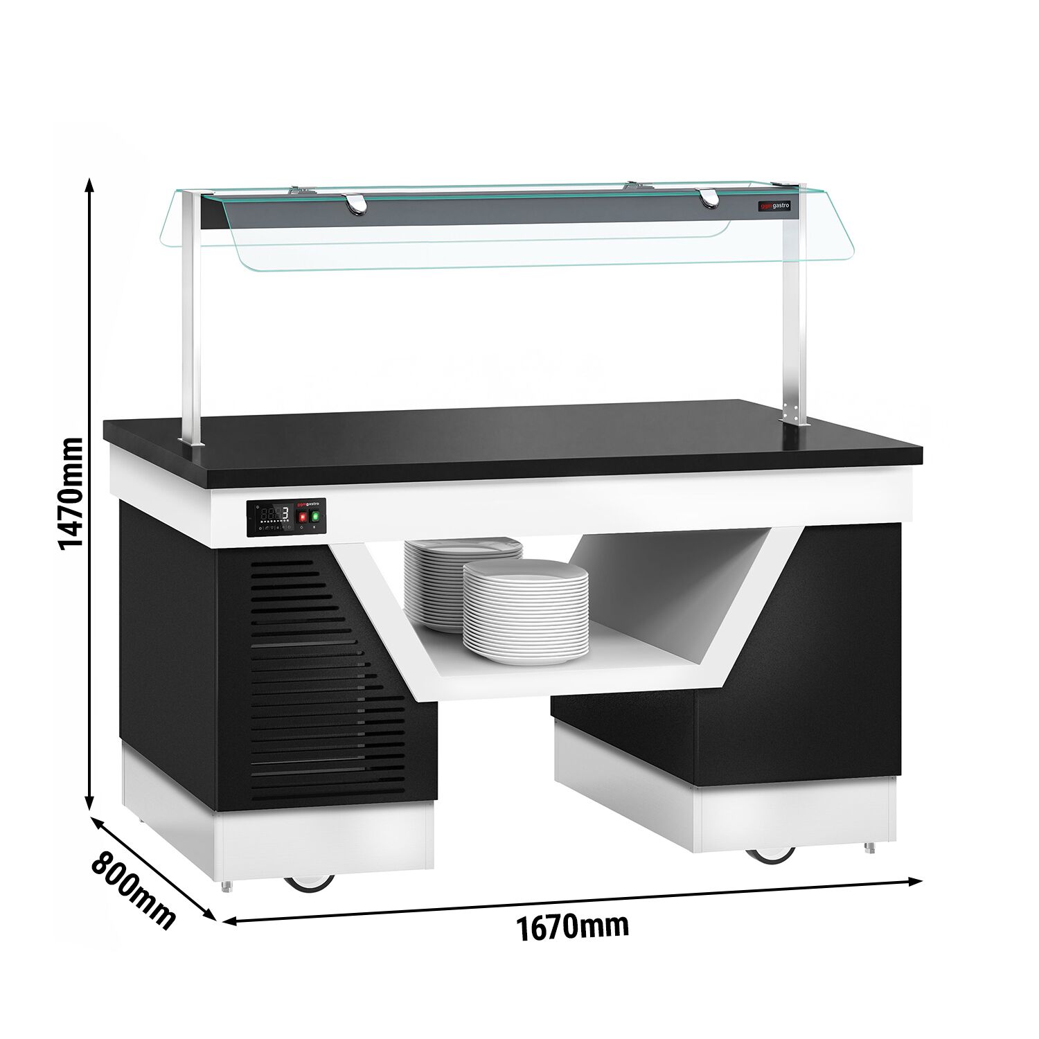 Cold buffet counter – with cooling plate – 1670 mm – for 4x GN 1/1 – incl. plate rack and castors