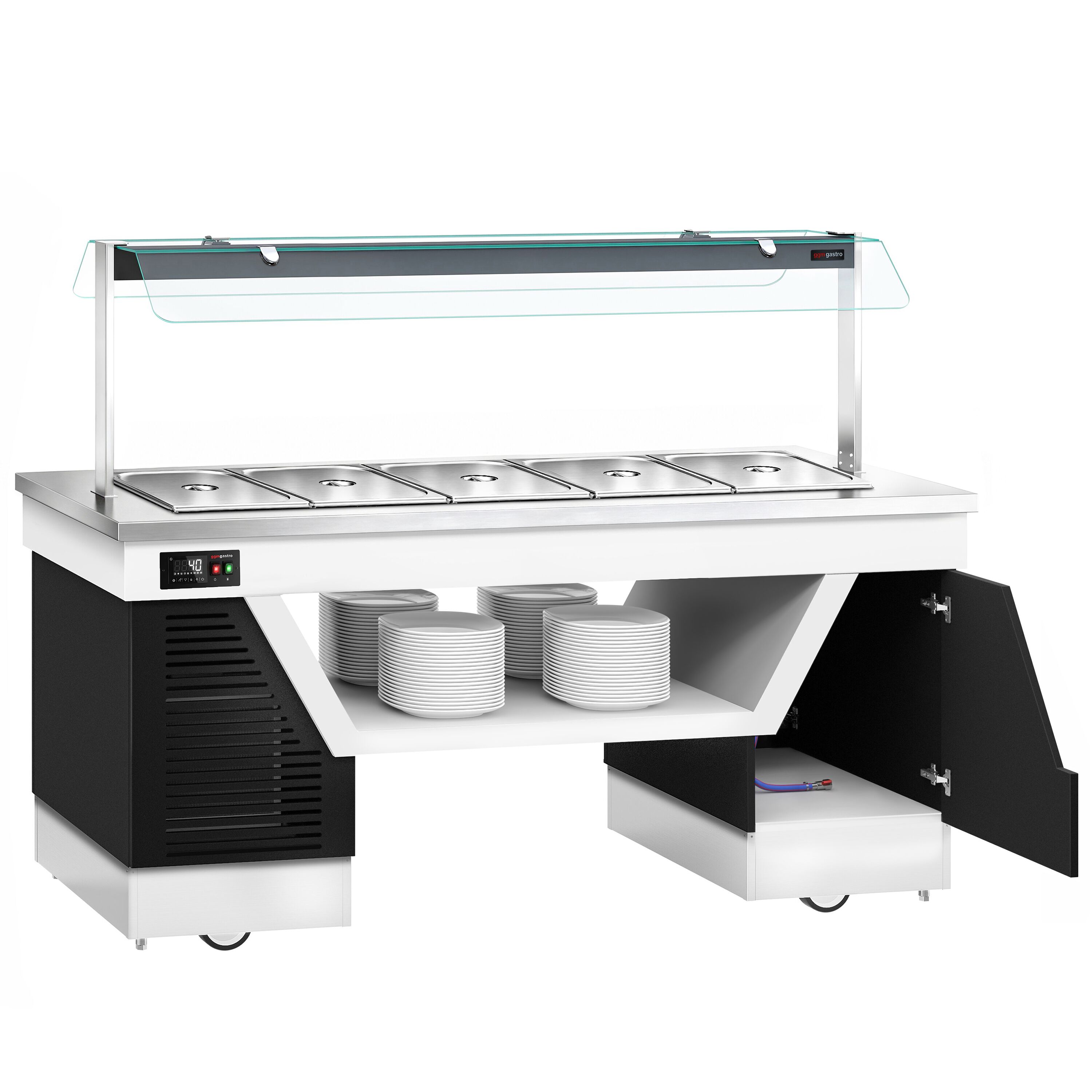 Hot buffet counter – with bain-marie – 2000 mm – for 5x GN 1/1 – incl. plate rack and castors