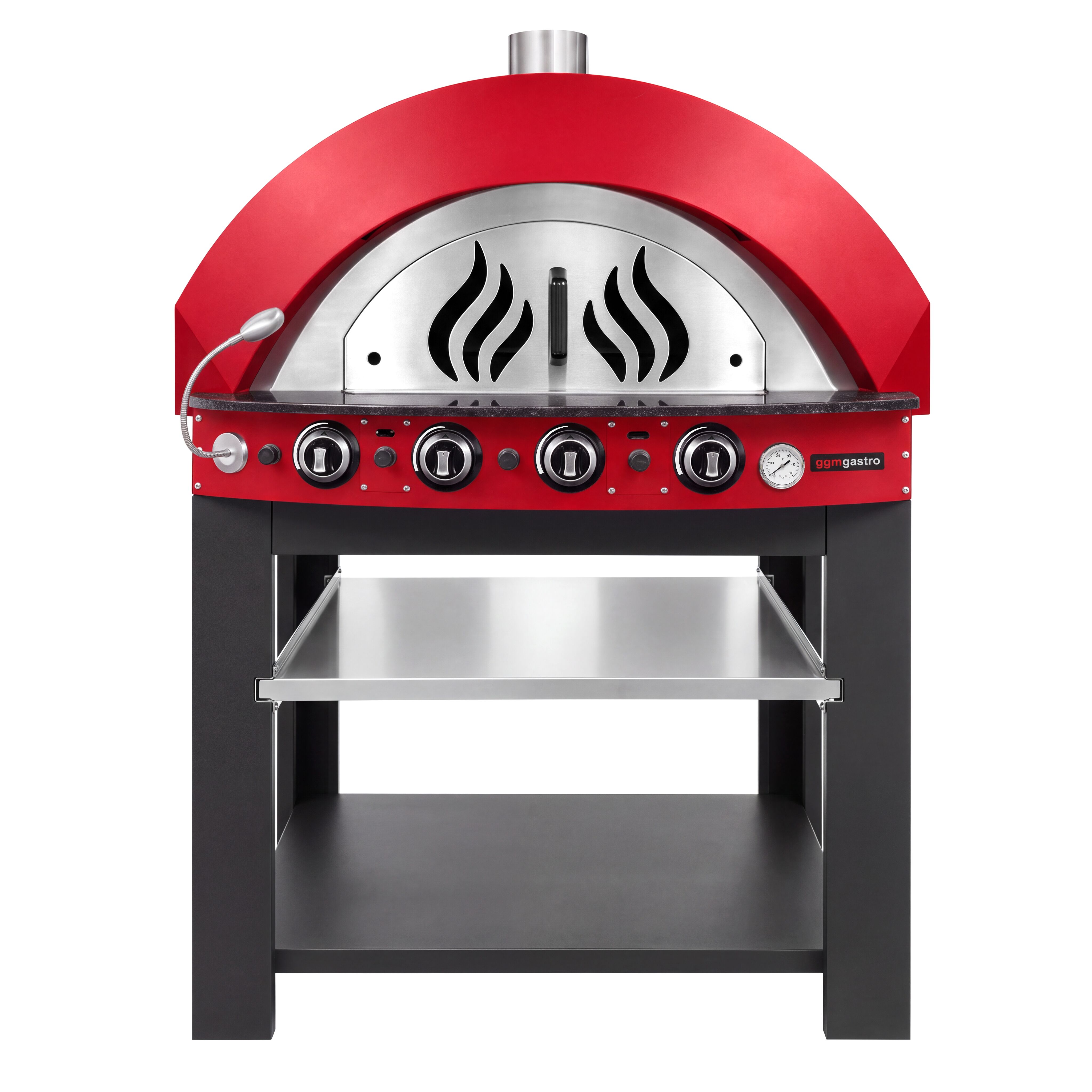Gas Deck Pizza Oven - Single Deck - 4x Ø30 cm - Mechanical Controls - Red - up to 400°C - incl. Base frame