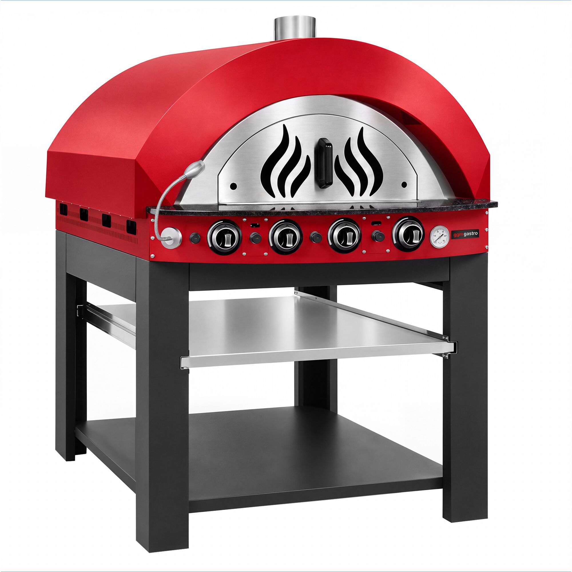 Gas Deck Pizza Oven - Single Deck - 4x Ø30 cm - Mechanical Controls - Red - up to 400°C - incl. Base frame