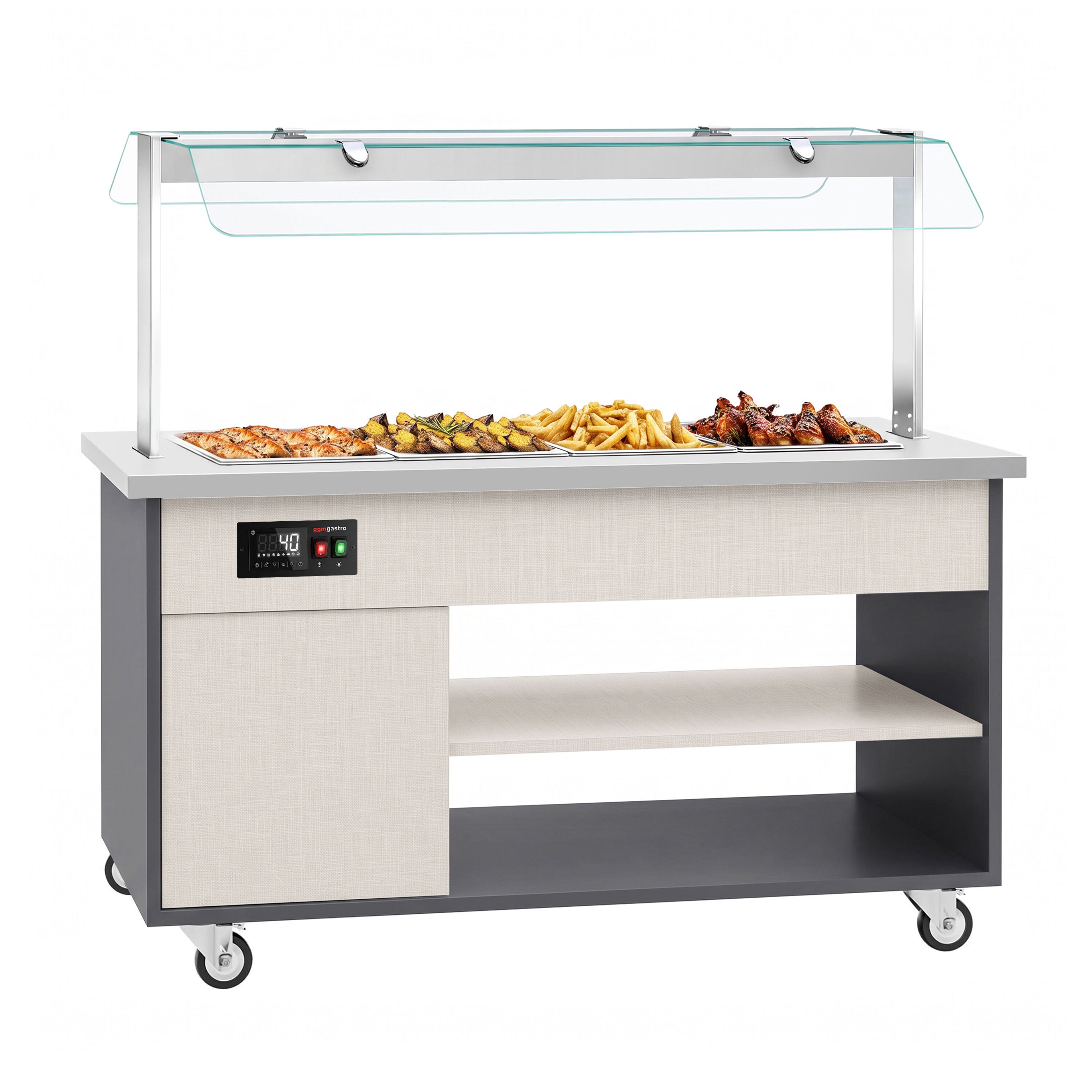 Hot buffet trolley – with bain-marie – 1670 mm – for 4x GN 1/1 – incl. plate rack and castors