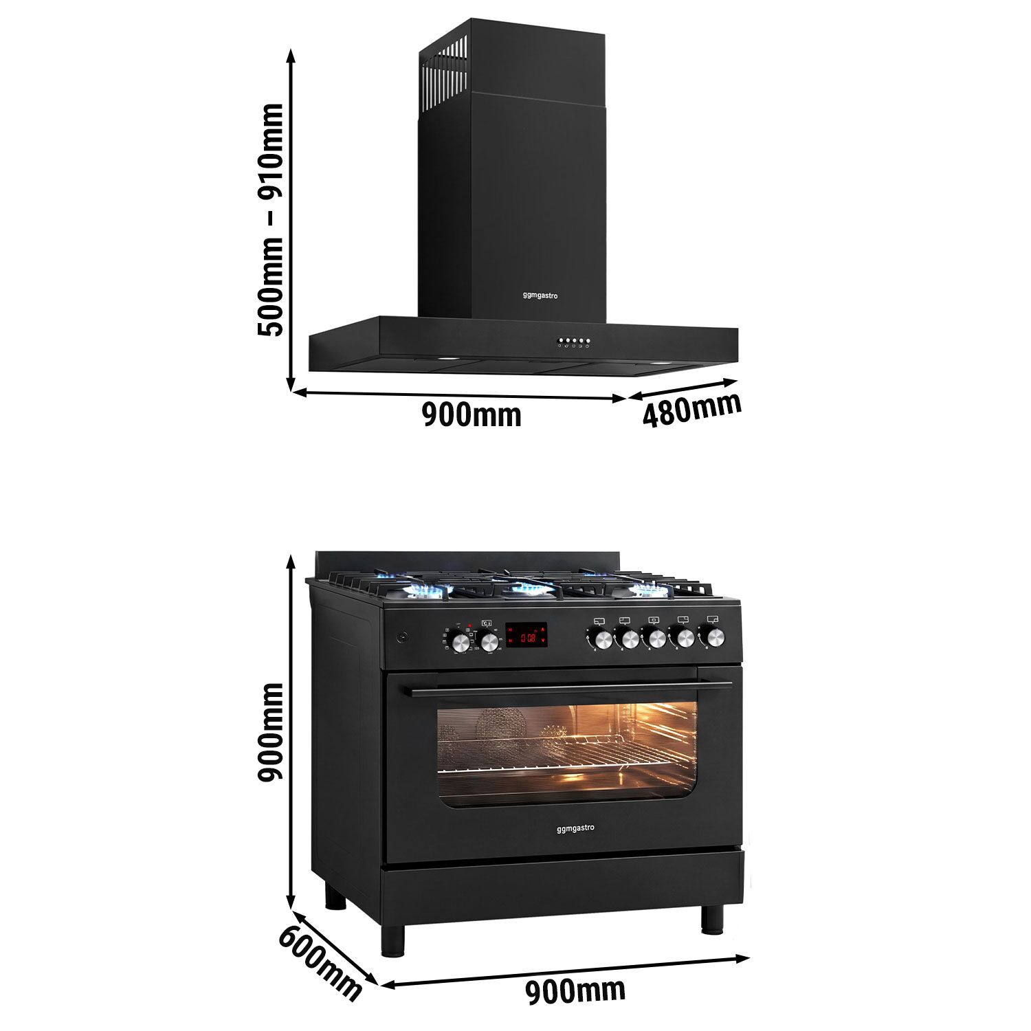 Commercial Dual Fuel Oven Range Cooker - 13,45 kW - 5 Burners – 900 mm – with Electric Oven - 3.23 kW & Recirculation Hood - Black