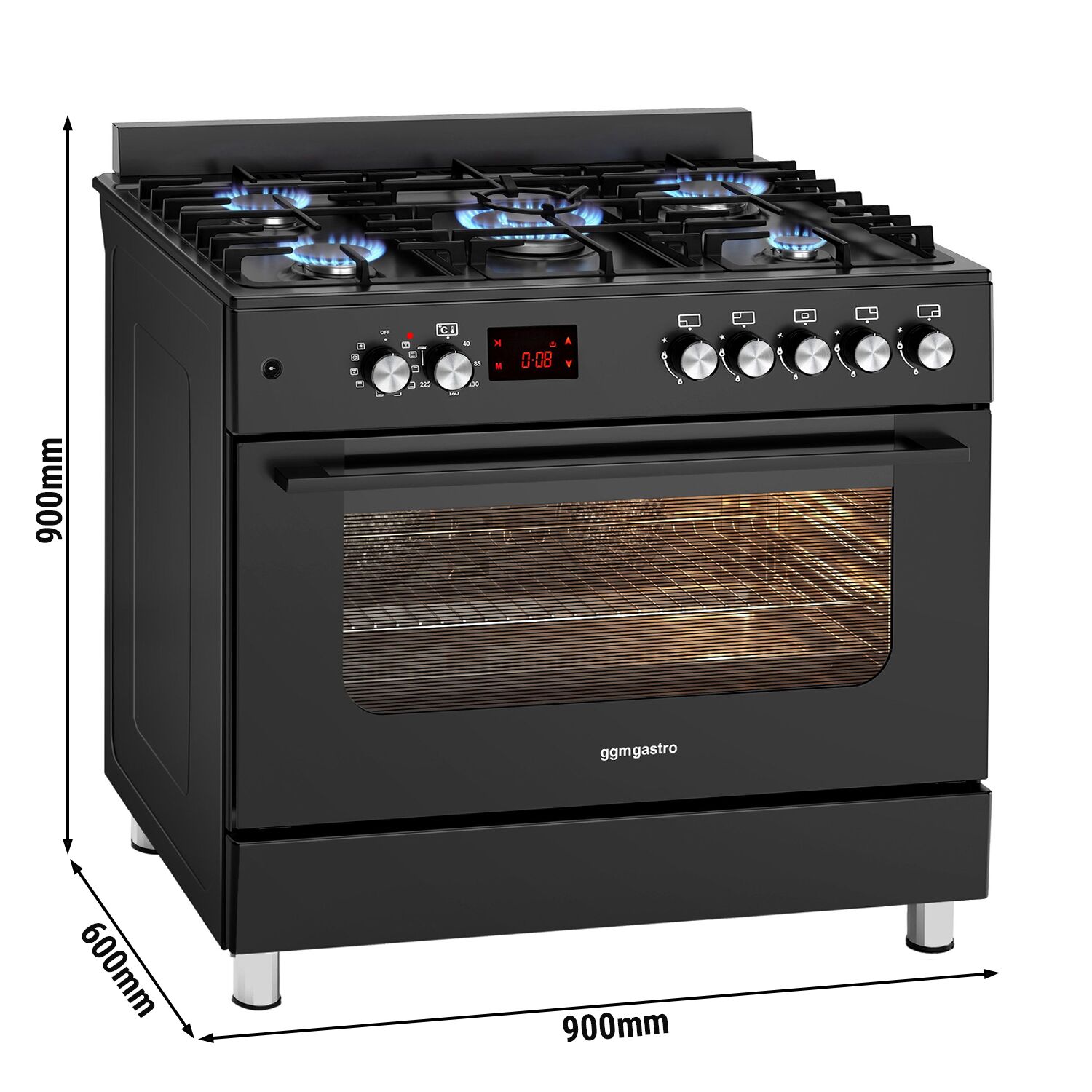 Commercial Dual Fuel Oven Range Cooker - 13,45 kW - 5 Burners – 900 mm – with Electric Oven - 3.23 kW - Black