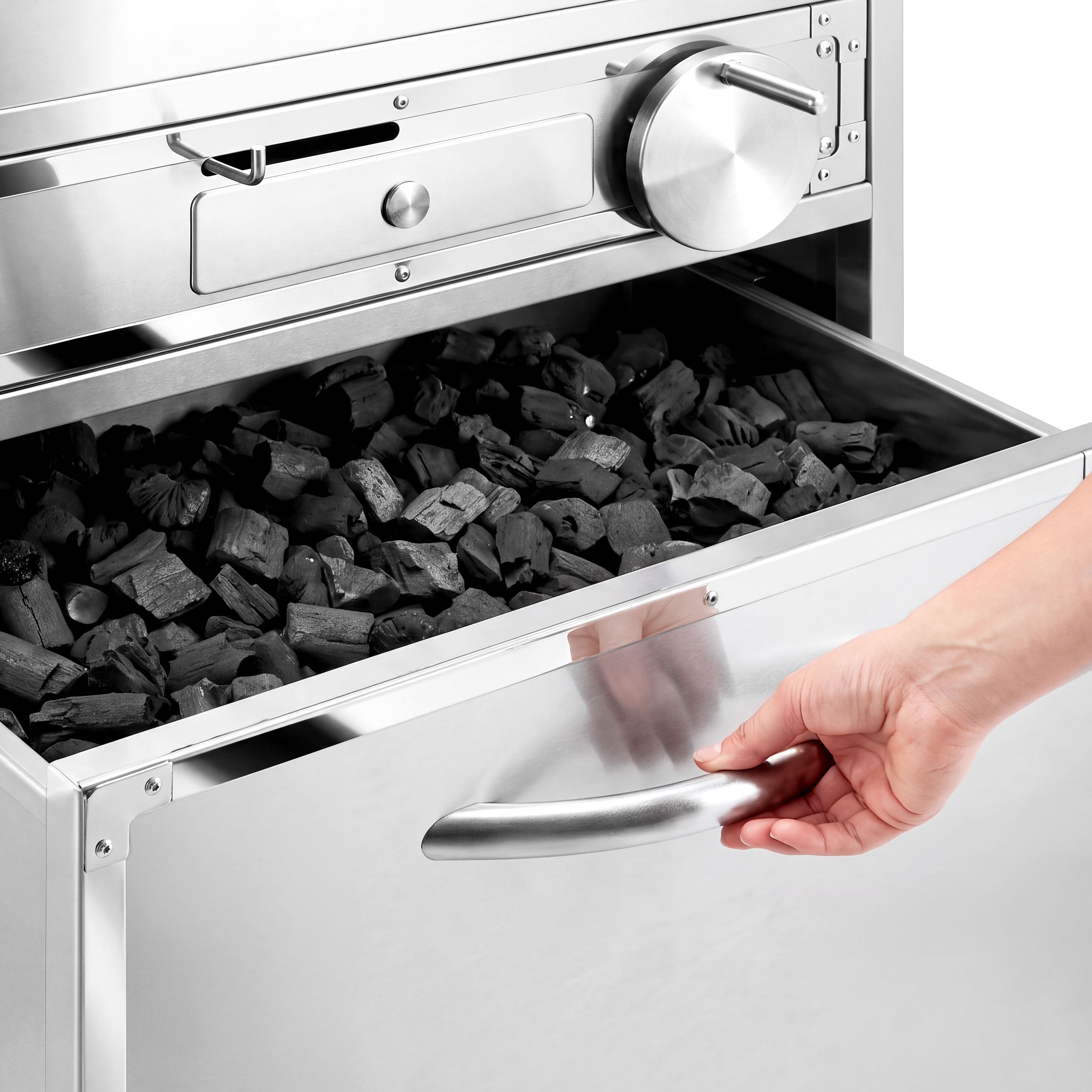 Charcoal barbecue – 2 height-adjustable grill racks – with ash drawer & storage drawer