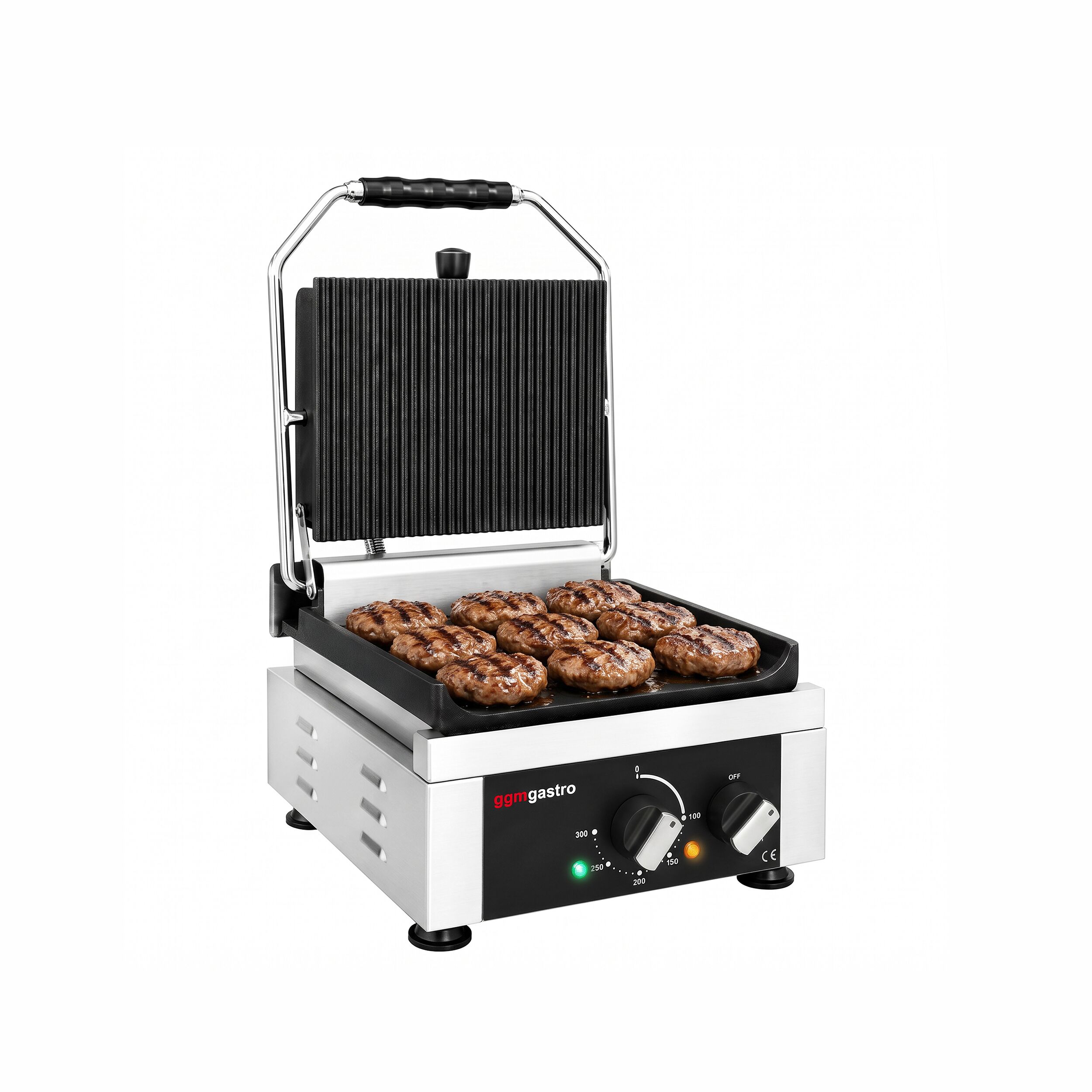 Kontaktgrill / Hamburger Grill - 1,75 kW - oben gerillt & unten glatt - Grillfläche: 250x250mm