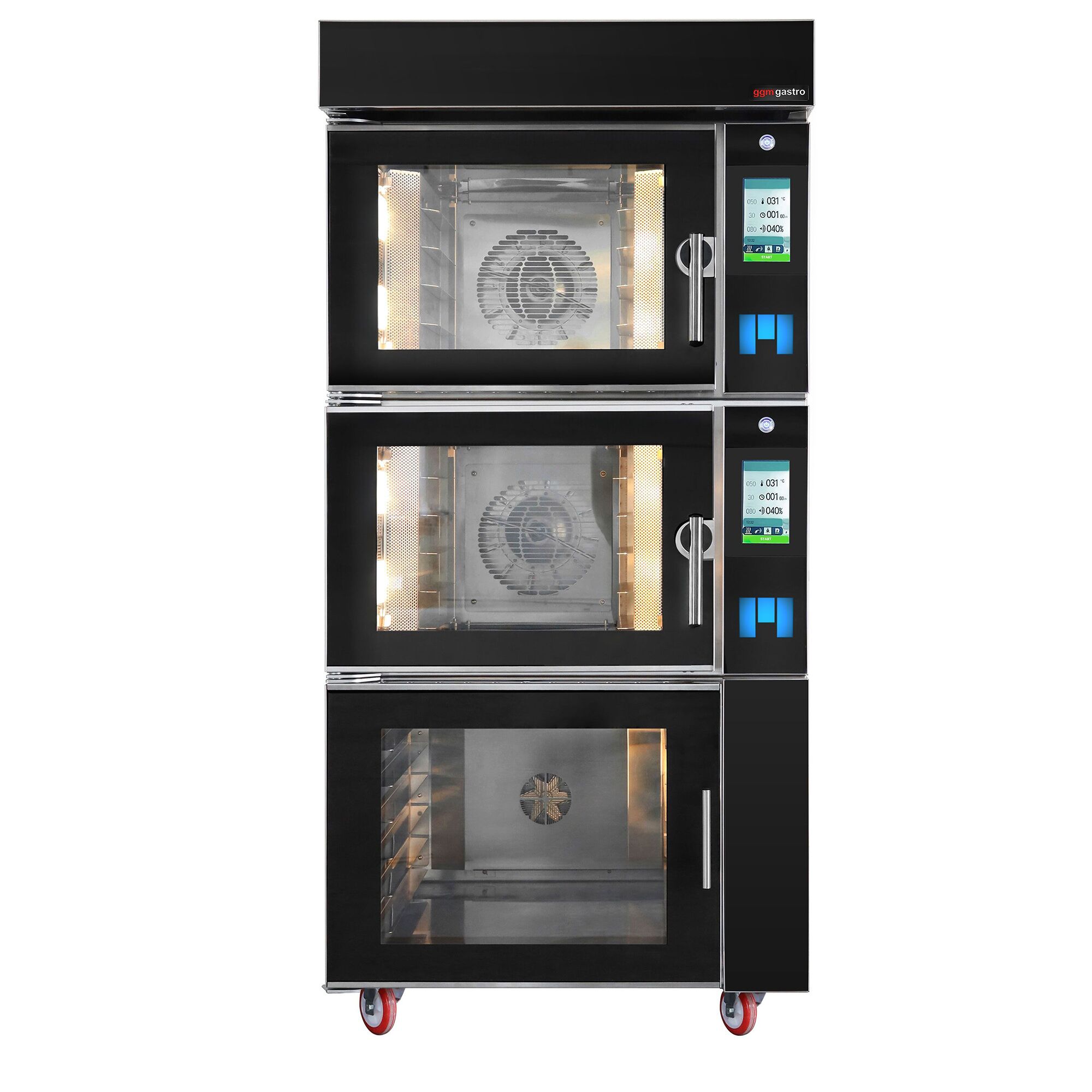 Commercial Electric Bakery Convection Oven with Steam Injection with Humidity Control - Touchscreen Controls - 2 Baking Chambers - 10x 600x400mm (EN 60x40) - Black - with Prover Cabinet