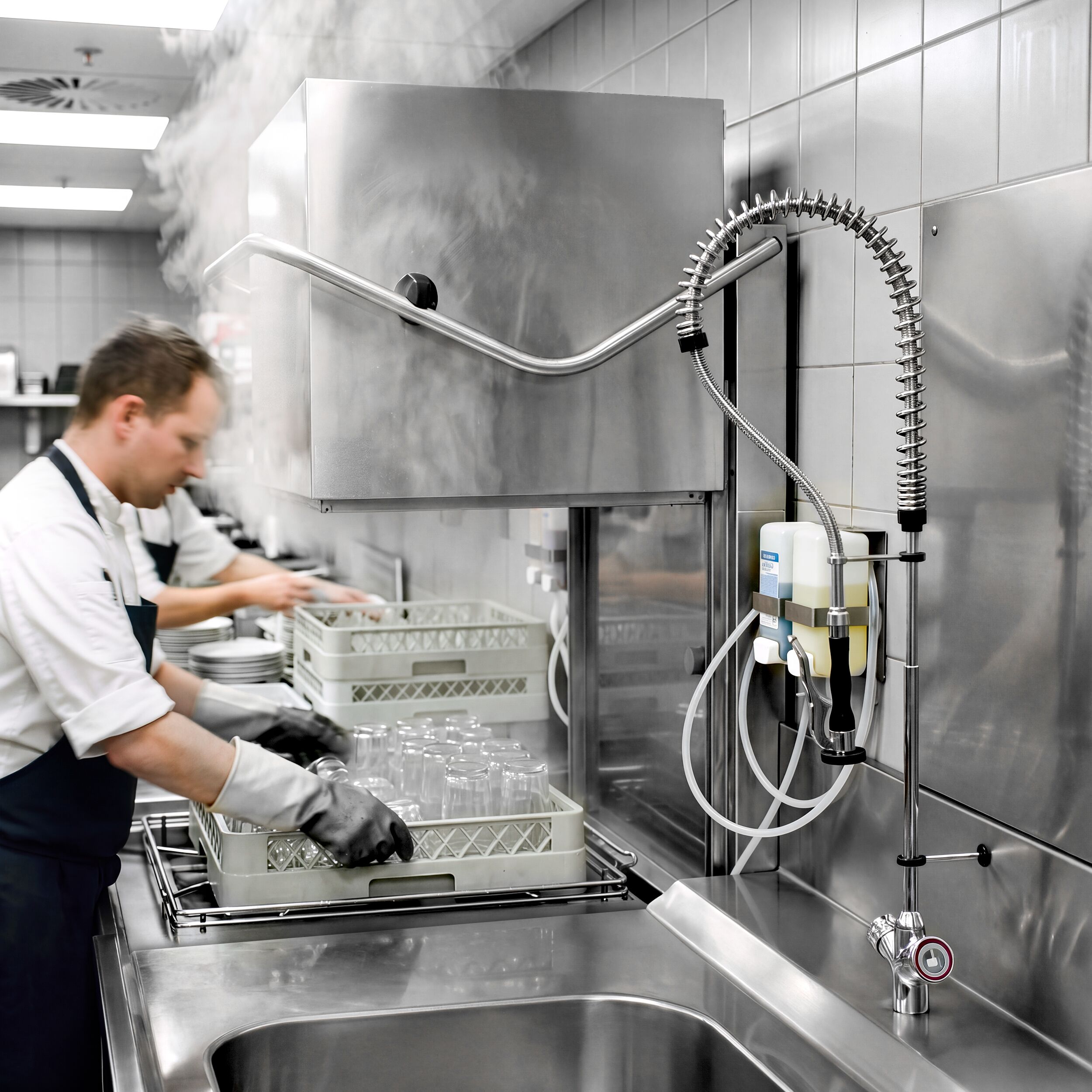 Pass Through Dishwasher - Digital Controls - 7.1kW - incl. Inlet Table right, Outlet Table left - with Detergent & Rinse Aid Dosing Pumps