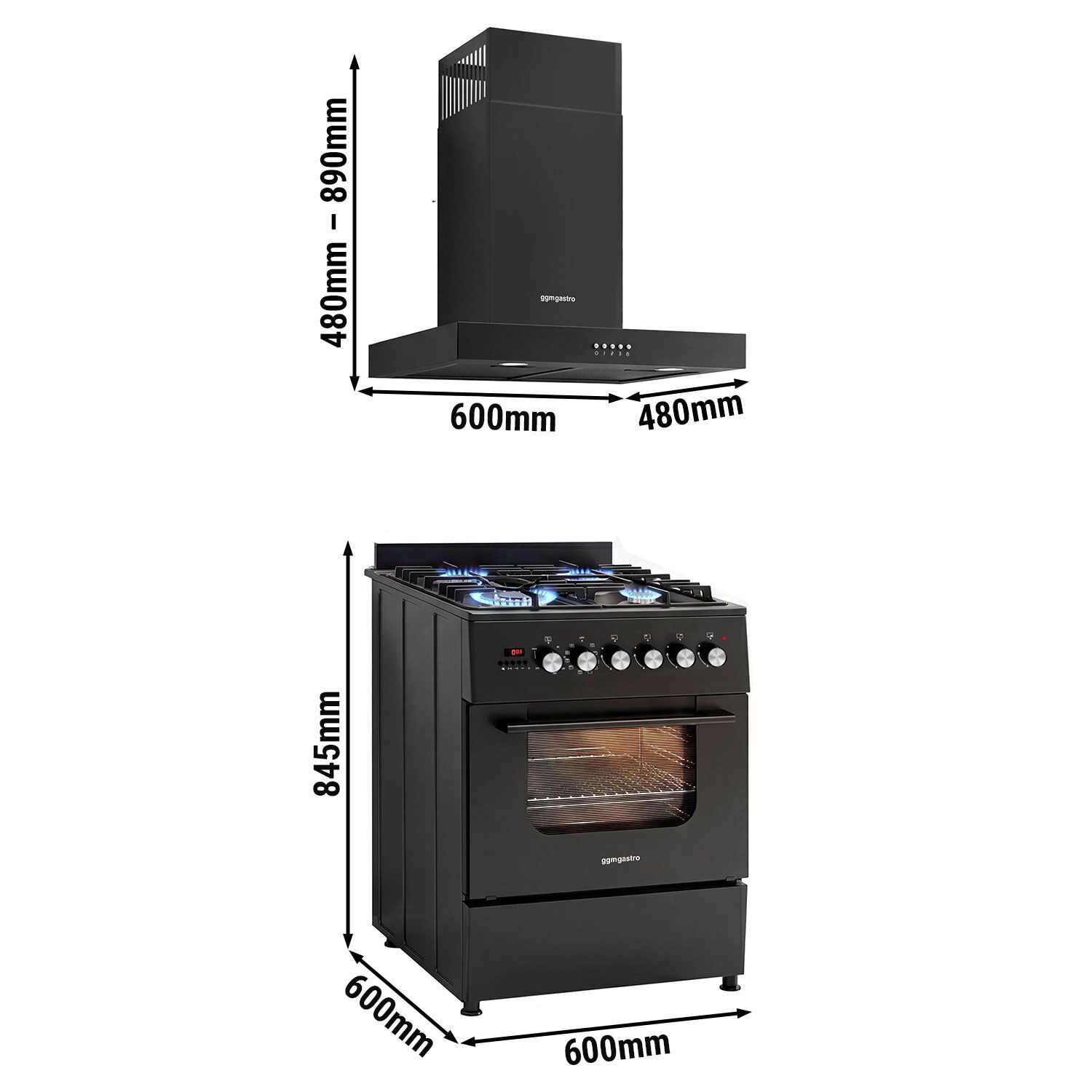 Commercial Dual Fuel Oven Range Cooker - 8,4 kW - 4 Burners – 600 mm – with Electric Oven - 3.85 kW & Recirculation Hood - Black