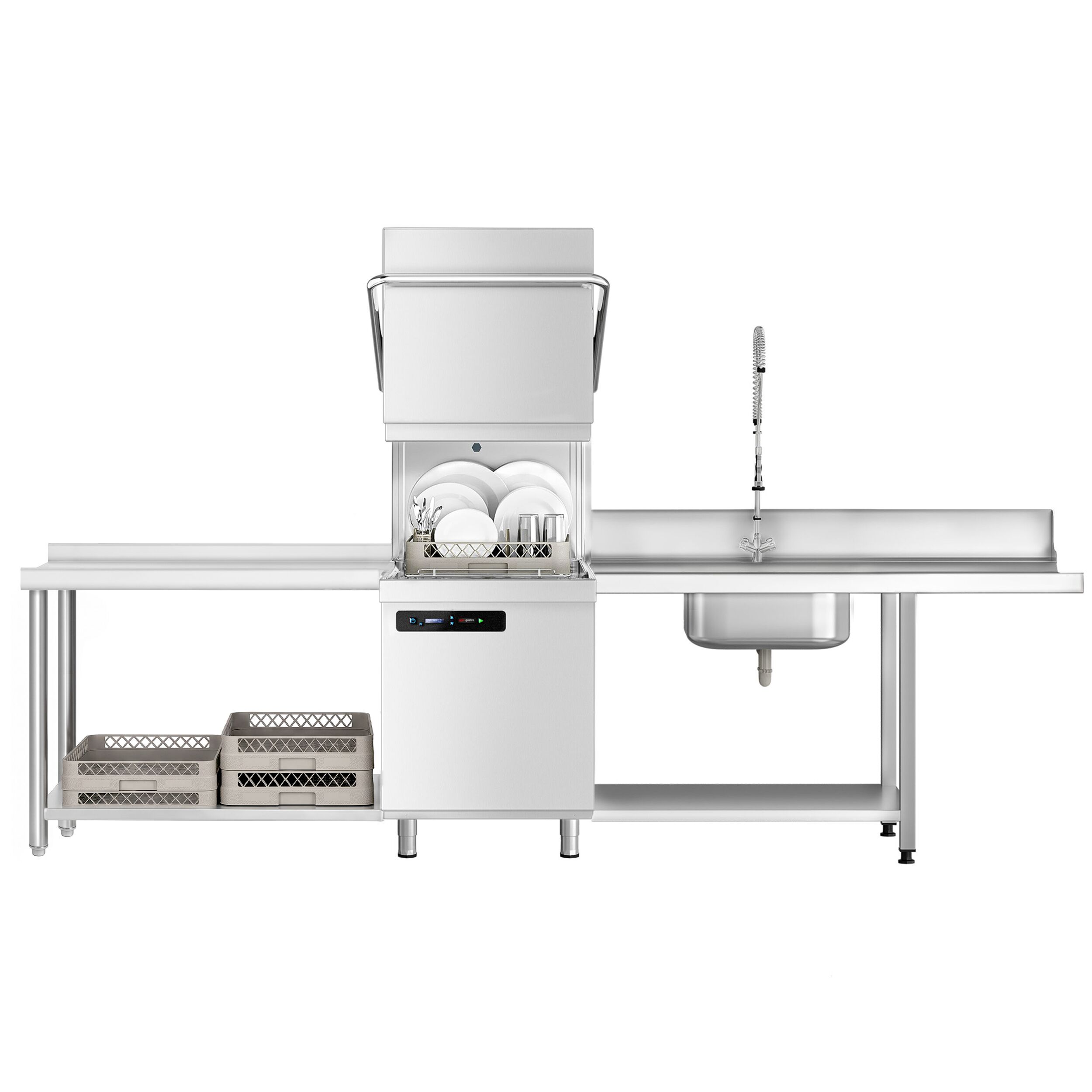 Double-Skinned Pass Through Dishwasher - 7.1 kW - with Drain Pump - with Automatic Detergent Pump