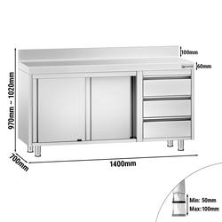 Edelstahl Arbeitsschrank PREMIUM - 1400x600mm - mit 3 Schubladen rechts & Aufkantung