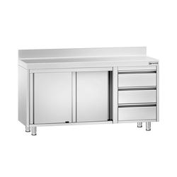 Edelstahl Arbeitsschrank PREMIUM - 1400x600mm - mit 3 Schubladen rechts & Aufkantung