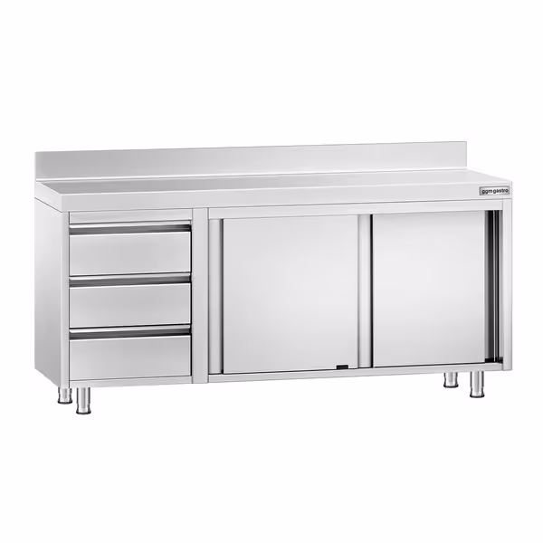 خزانة قاعدية ستانلس ستيل PREMIUM - 1800x700mm - وحدة أدراج 3 يسار - مع حاجز خلفي