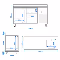 Rashladni pult PREMIUM PLUS - 1468x600 mm - 250 l - Ventilirano hlađenje - s 1 vrata - s 3 ladica - s 1 korita - Podignuti rub