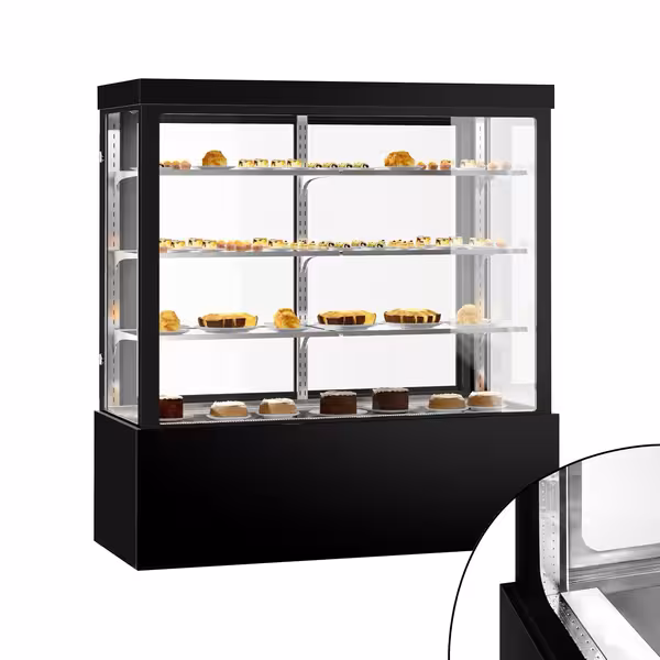 Commercial cake display fridge - 1850L - 1800mm - Double glazing - square - with 3 adjustable shelves - rear sliding doors - for patisserie - Black