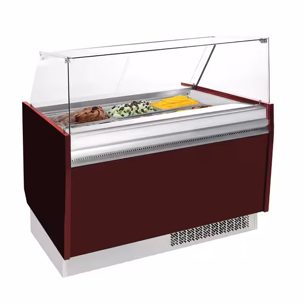Ice Cream Display Freezer | LIAM - 1310mm - Static cooling - with LED lighting - for 10+10 x 5 litres Napoli pans - Granat red