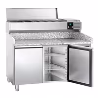 Stół chłodniczy do pizzy PREMIUM - 1500x800mm - z blatem granitowym - 2‑drzwiowy - z nadstawką chłodniczą - 6x GN 1/3