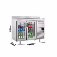 Stół chłodniczy barowy do napojów Premium PLUS – 1470 x 600 mm – z 2 drzwiami szklanymi, rantem i odbijakiem do kawy