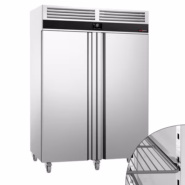 Külmkapp roostevabast terasest PREMIUM - GN 2/1 - 1400 l - kuni +8 °C - mitme 2 ust - Rullikutega, UK jaoks - 1400 mm