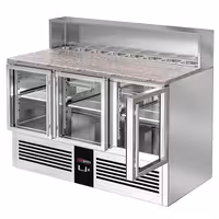 Pult za pripremu salate PREMIUM - 1368 mm - 3 staklena vrata - s ugradnim ležištem za 7x GN 1/6 i poklopac od nehrđajućeg čelika - crna fronta