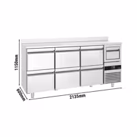 Stół chłodniczy barowy do napojów PREMIUM – 2130 x 600 mm – z 6 szufladami 1/2, rantem i odbijakiem do kawy