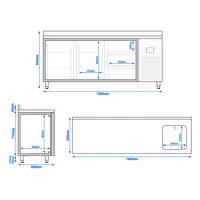 Mostrador refrigerado PREMIUM PLUS - 1960x600mm - de trabajo con fregadero - 2 puertas y 3 cajones - encimera con alzada - 385 l