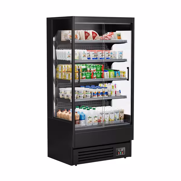 Přístěnný chladicí regál - 1 002 mm - 440 l - od 1 do 5 °C - s 2 skleněnými posuvnými (bezrámový design) & 4 policemi - černá